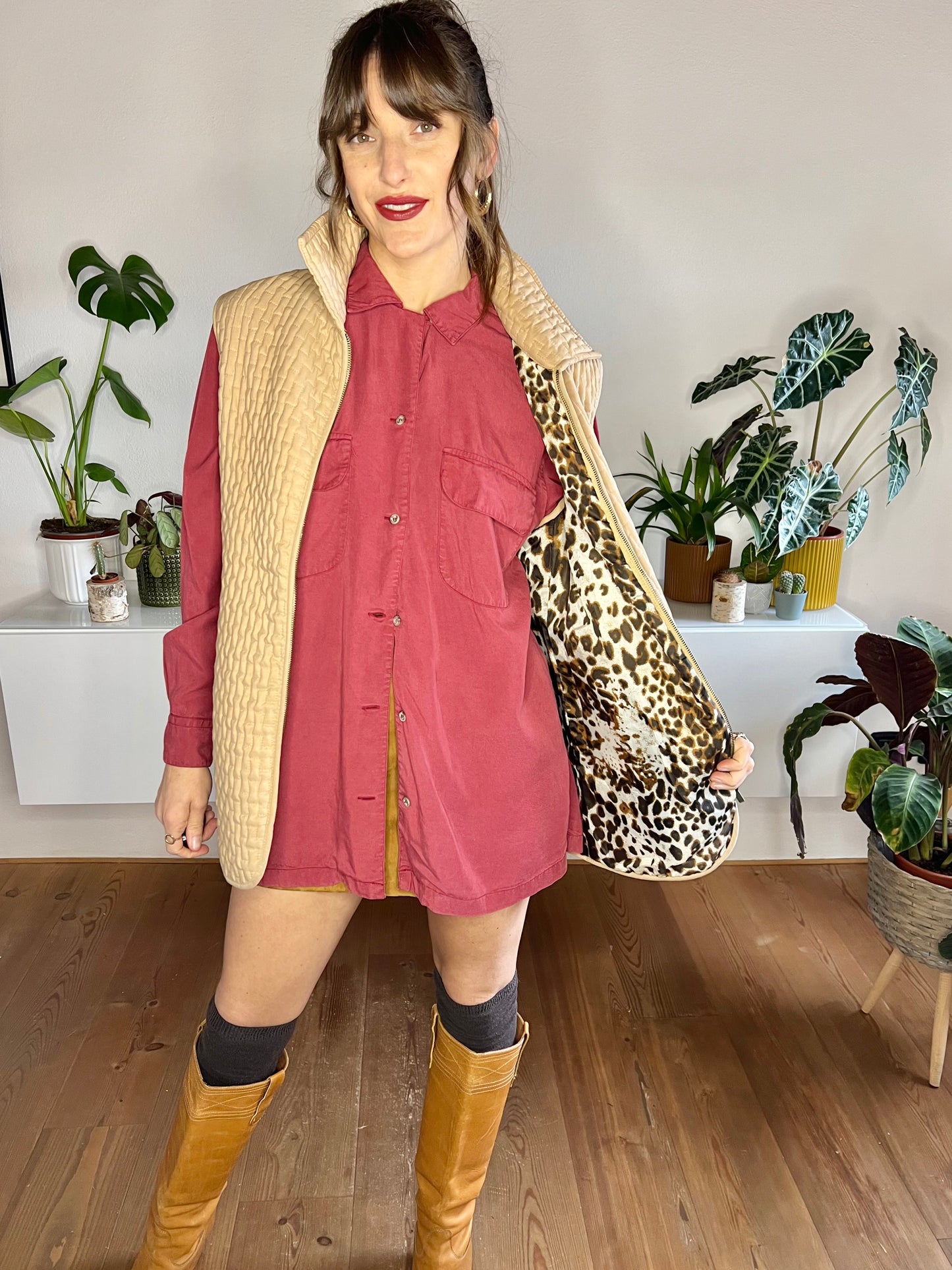 1990's vintage tan quilted vest with satin leopard print lining
