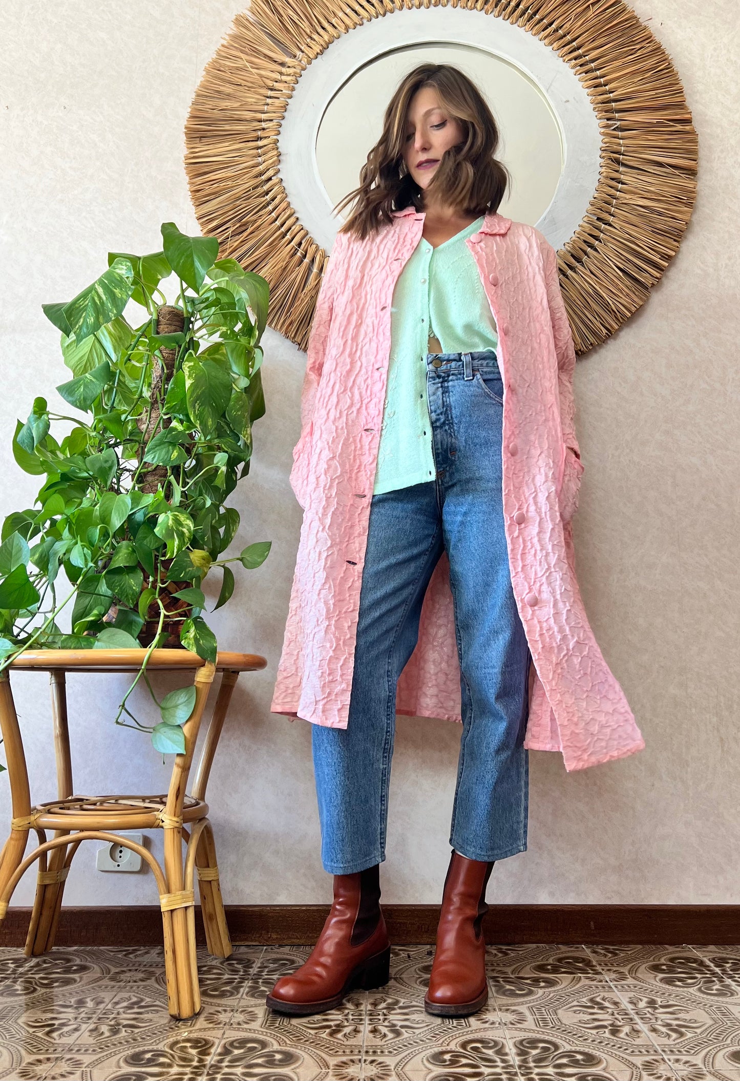 1960's vintage light weight pink textured jacket with silver metallic thread