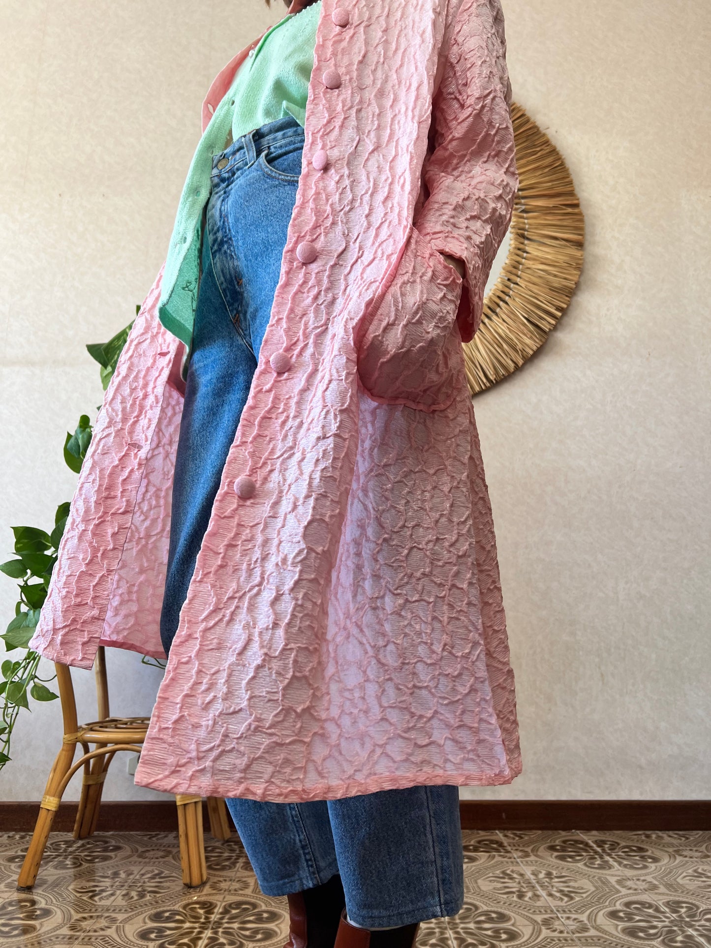 1960's vintage light weight pink textured jacket with silver metallic thread