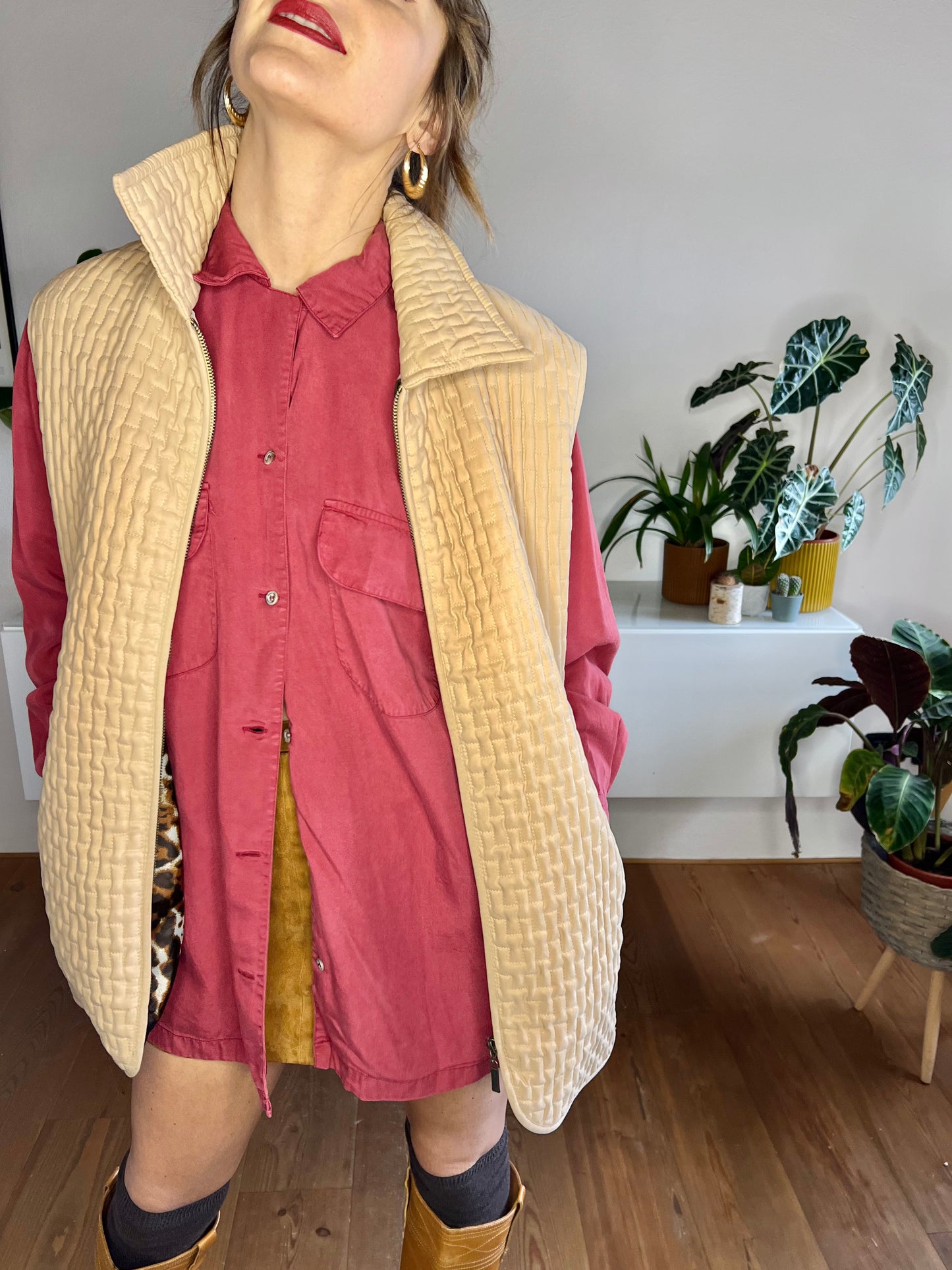 1990's vintage tan quilted vest with satin leopard print lining