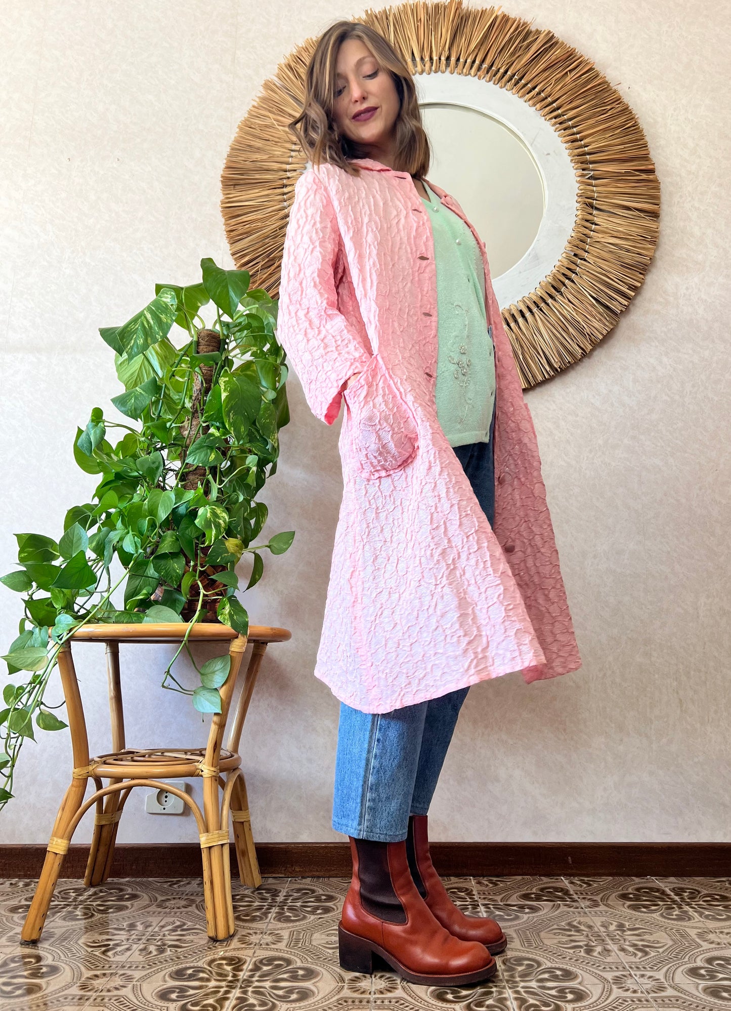 1960's vintage light weight pink textured jacket with silver metallic thread
