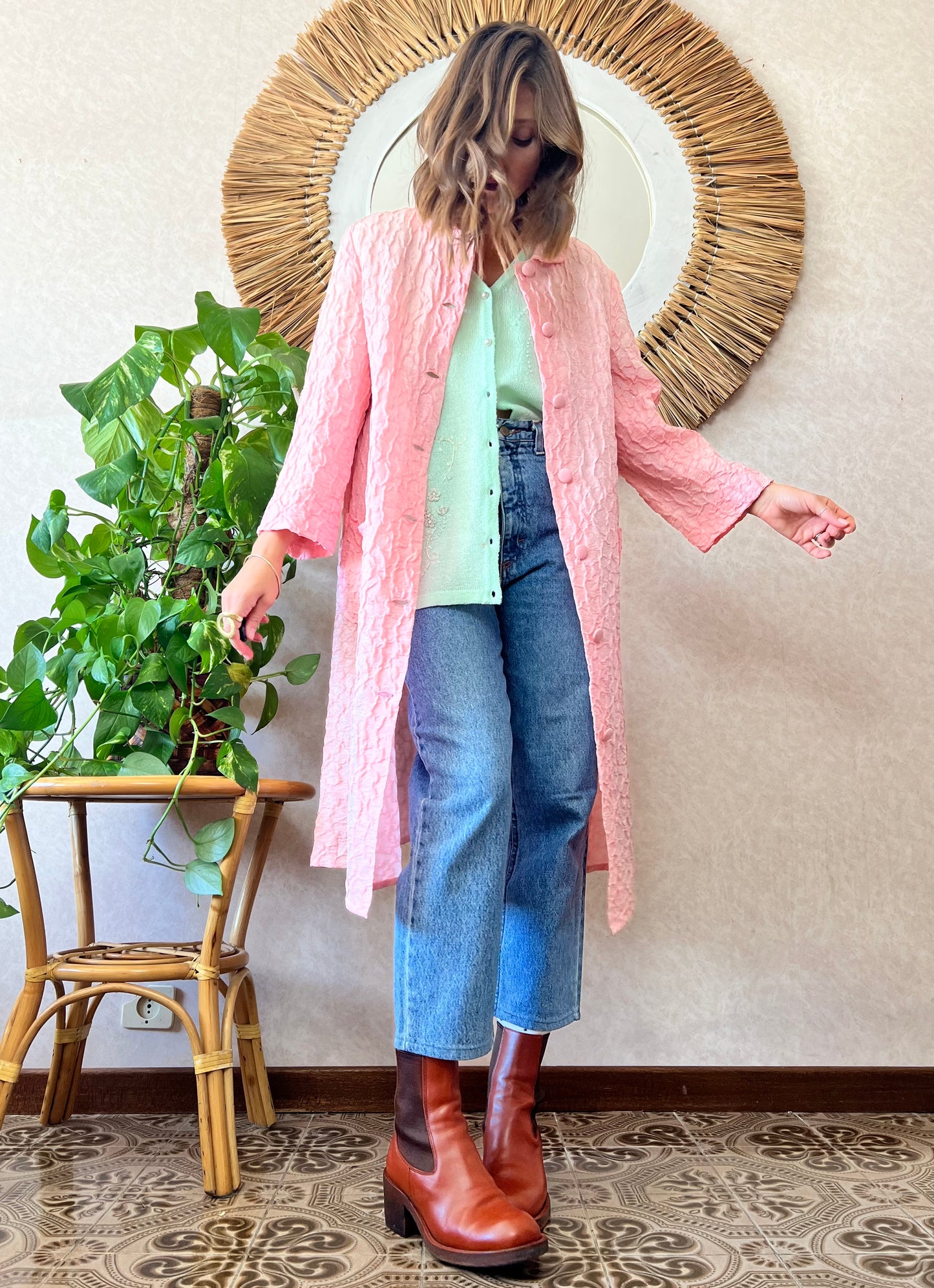 1960's vintage light weight pink textured jacket with silver metallic thread