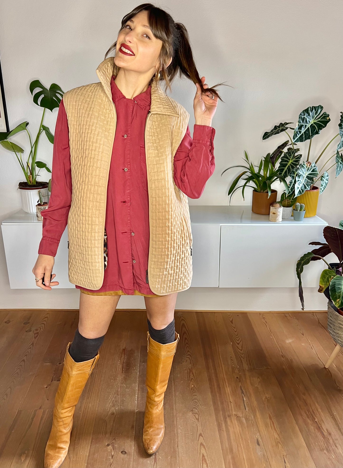 1990's vintage tan quilted vest with satin leopard print lining