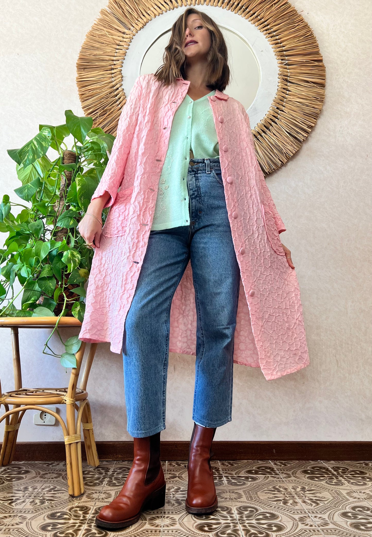1960's vintage light weight pink textured jacket with silver metallic thread