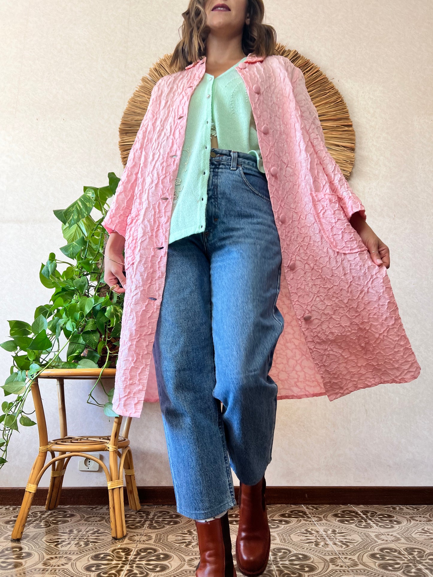 1960's vintage light weight pink textured jacket with silver metallic thread