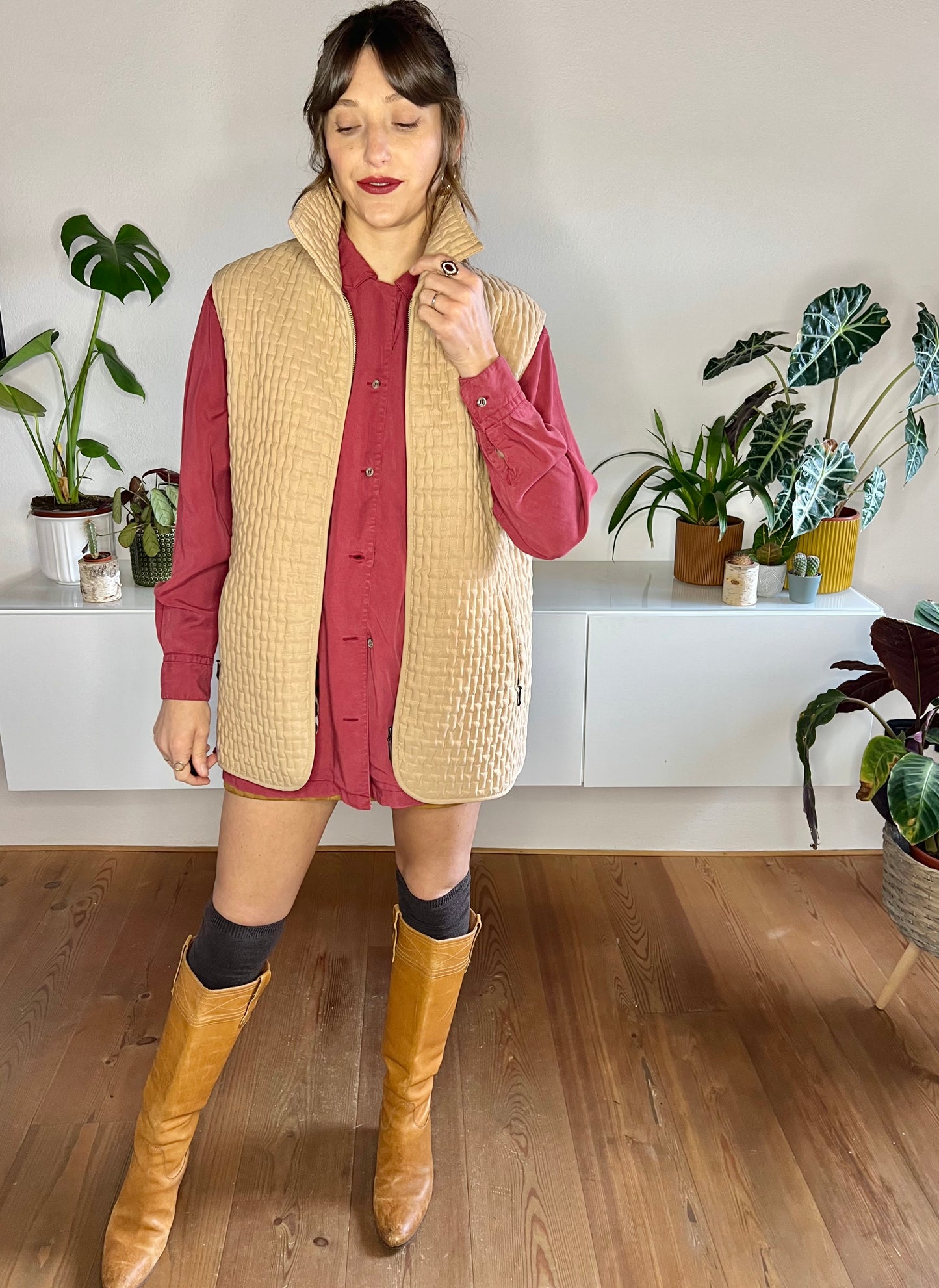 1990's vintage tan quilted vest with satin leopard print lining