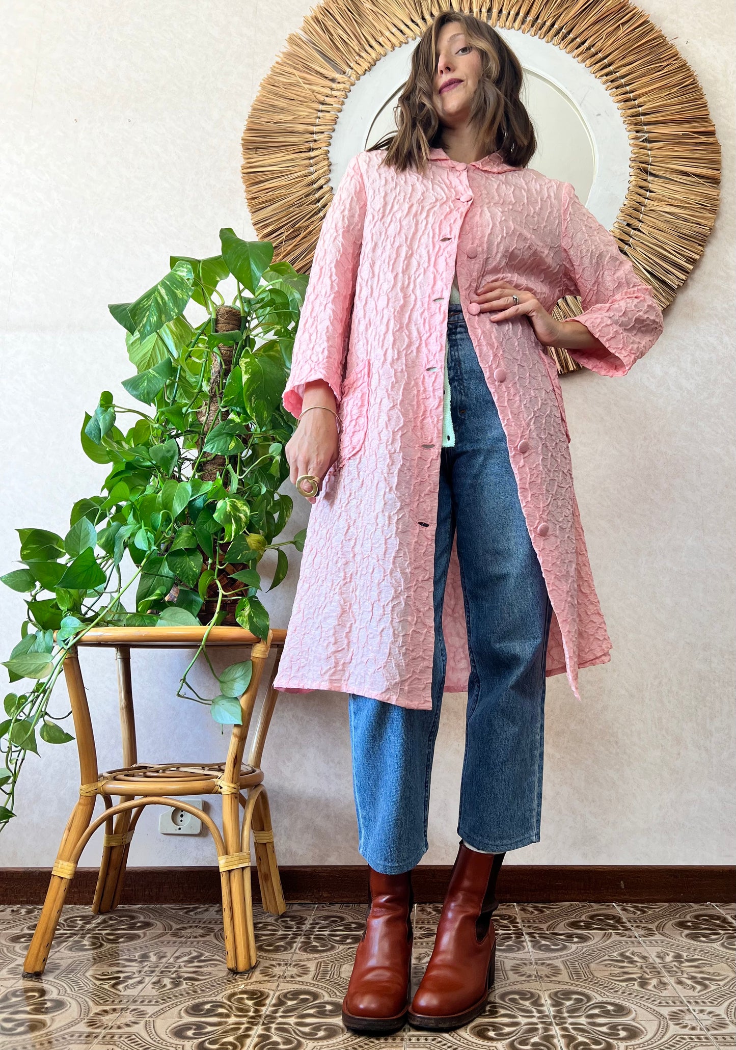 1960's vintage light weight pink textured jacket with silver metallic thread