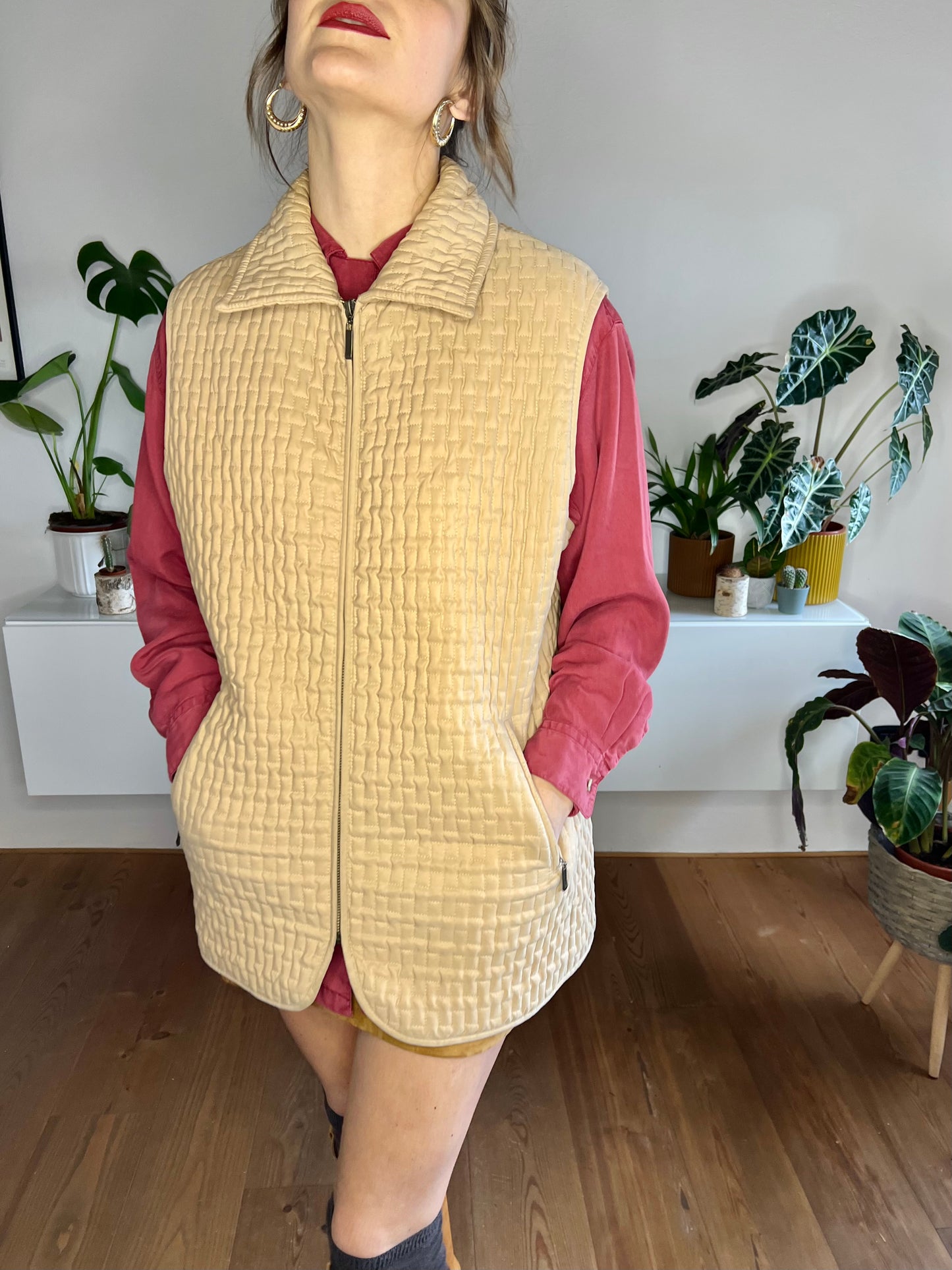 1990's vintage tan quilted vest with satin leopard print lining