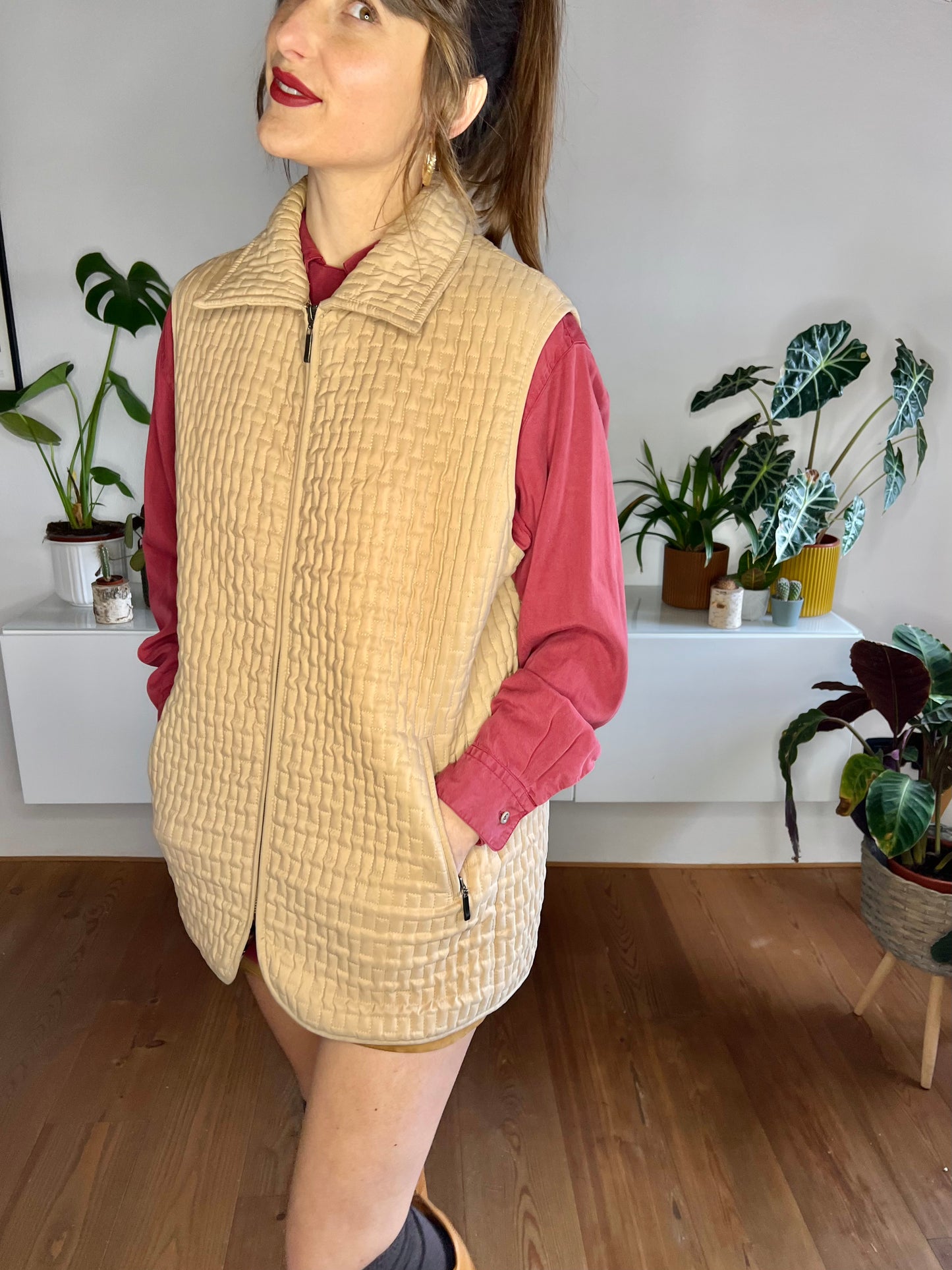 1990's vintage tan quilted vest with satin leopard print lining