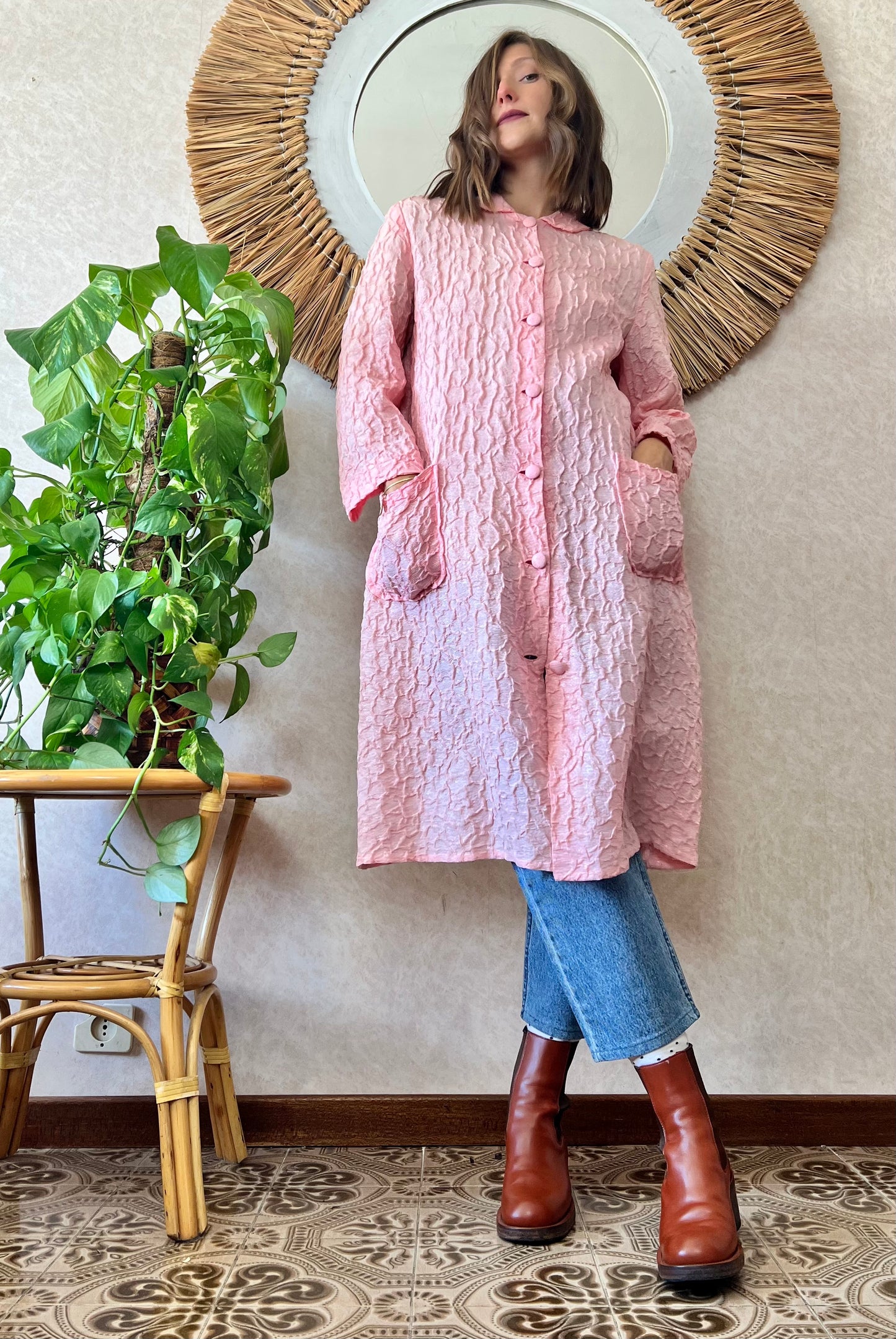 1960's vintage light weight pink textured jacket with silver metallic thread
