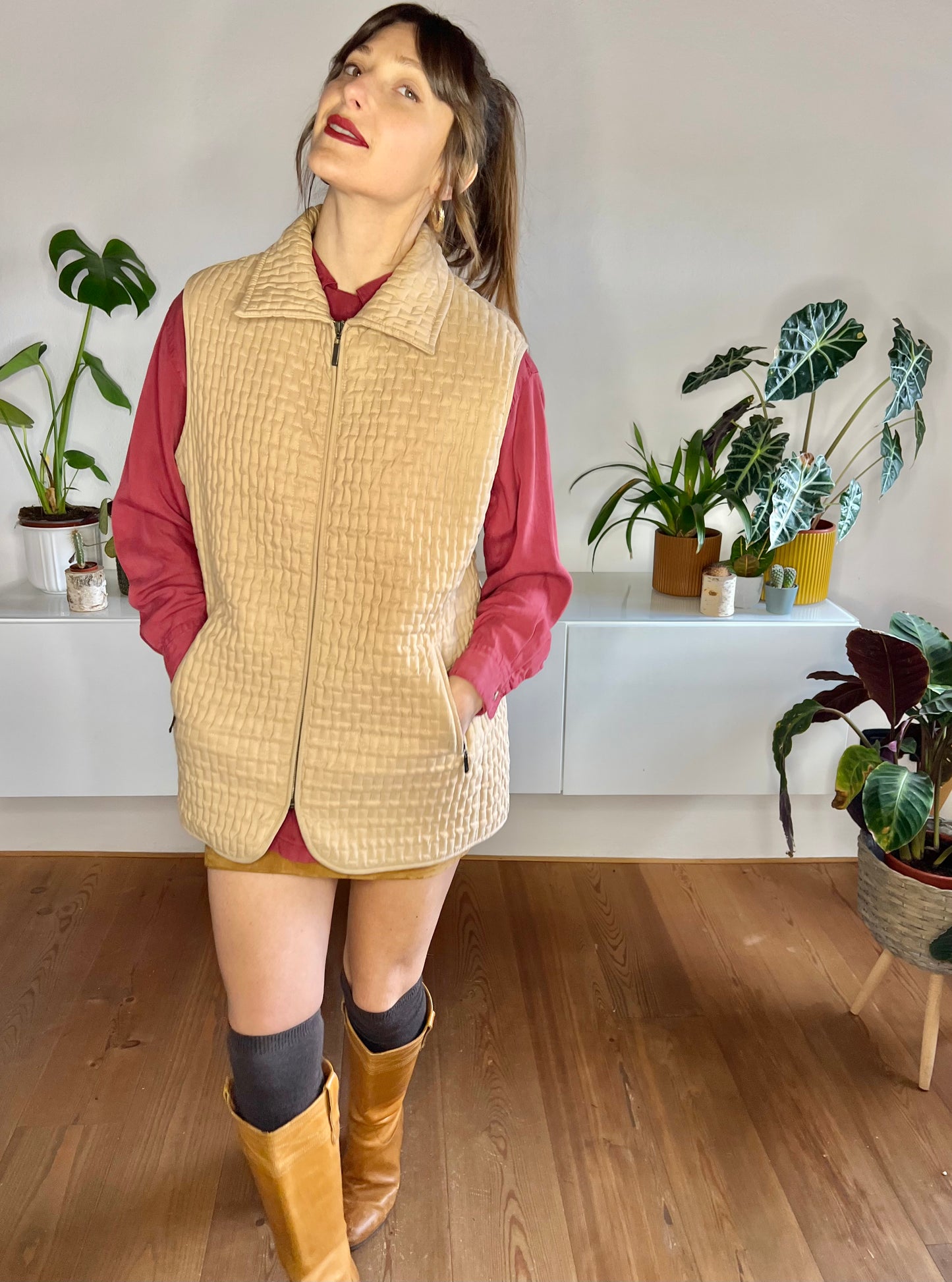 1990's vintage tan quilted vest with satin leopard print lining