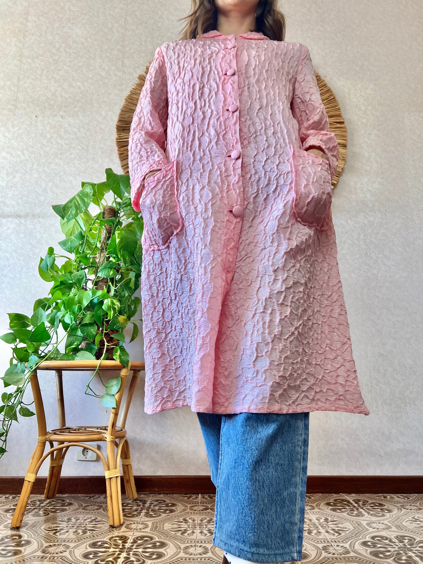 1960's vintage light weight pink textured jacket with silver metallic thread