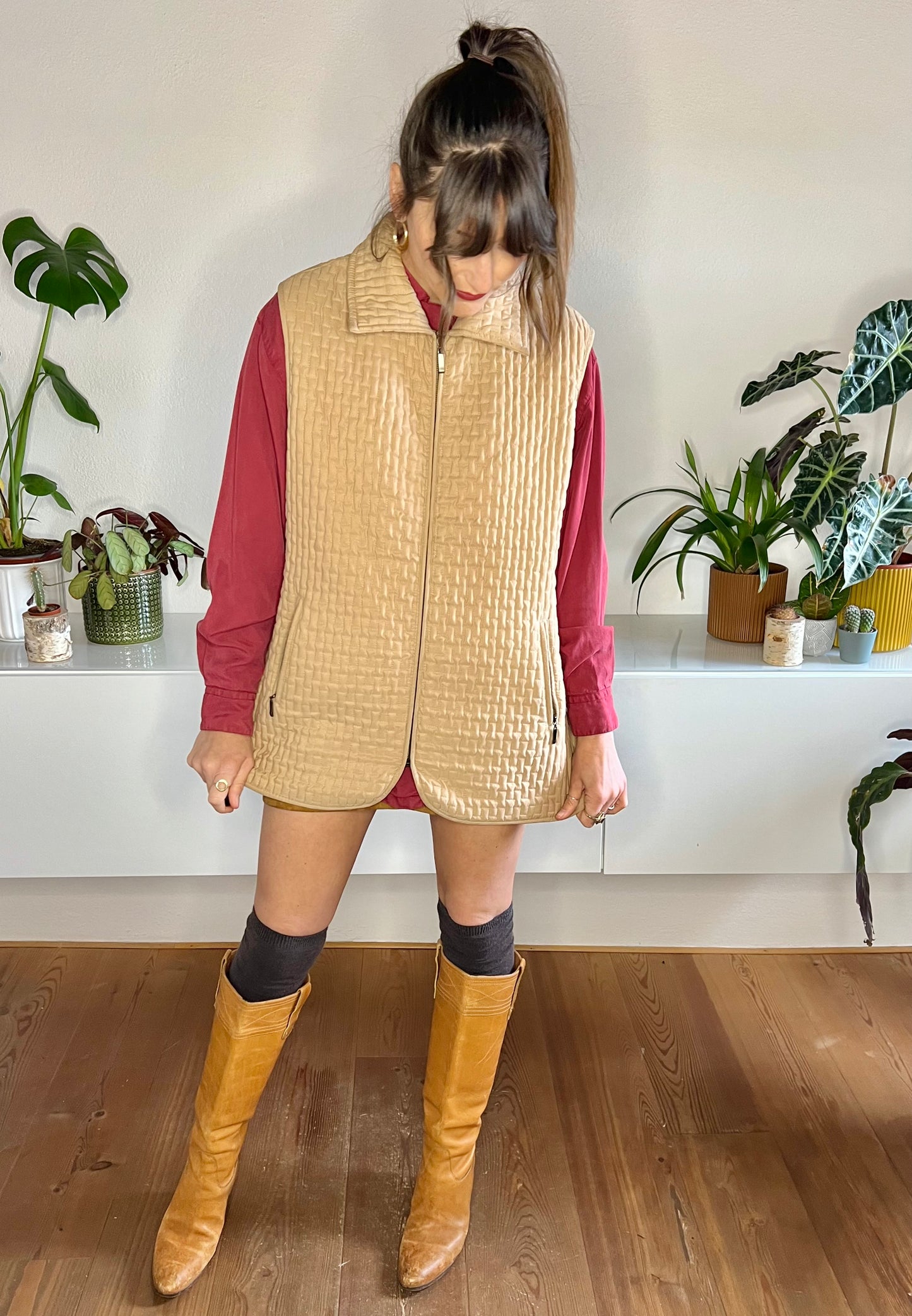 1990's vintage tan quilted vest with satin leopard print lining