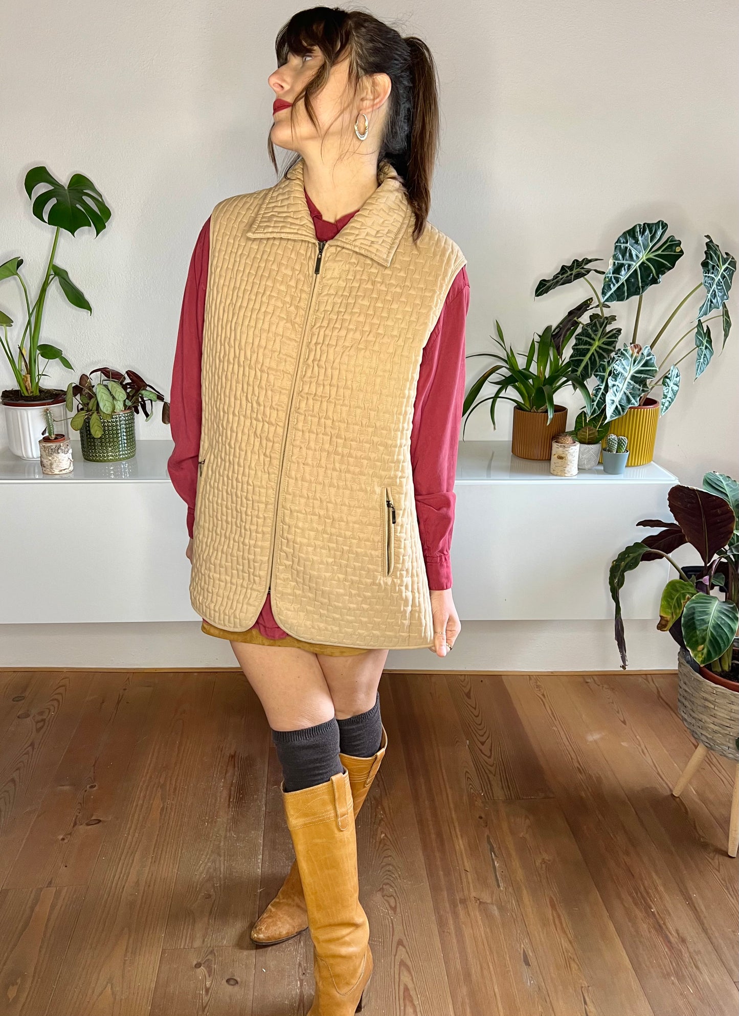 1990's vintage tan quilted vest with satin leopard print lining