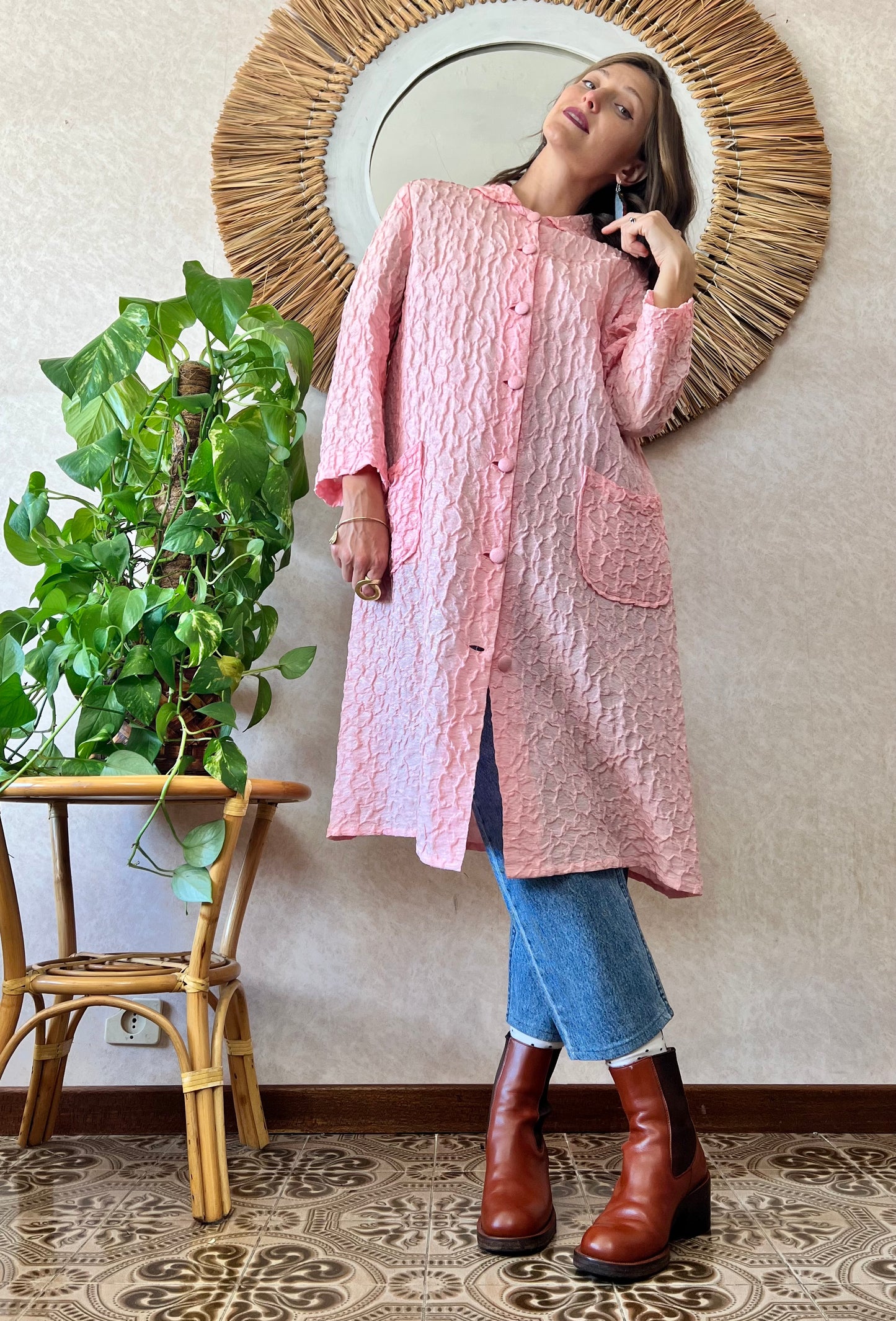 1960's vintage light weight pink textured jacket with silver metallic thread