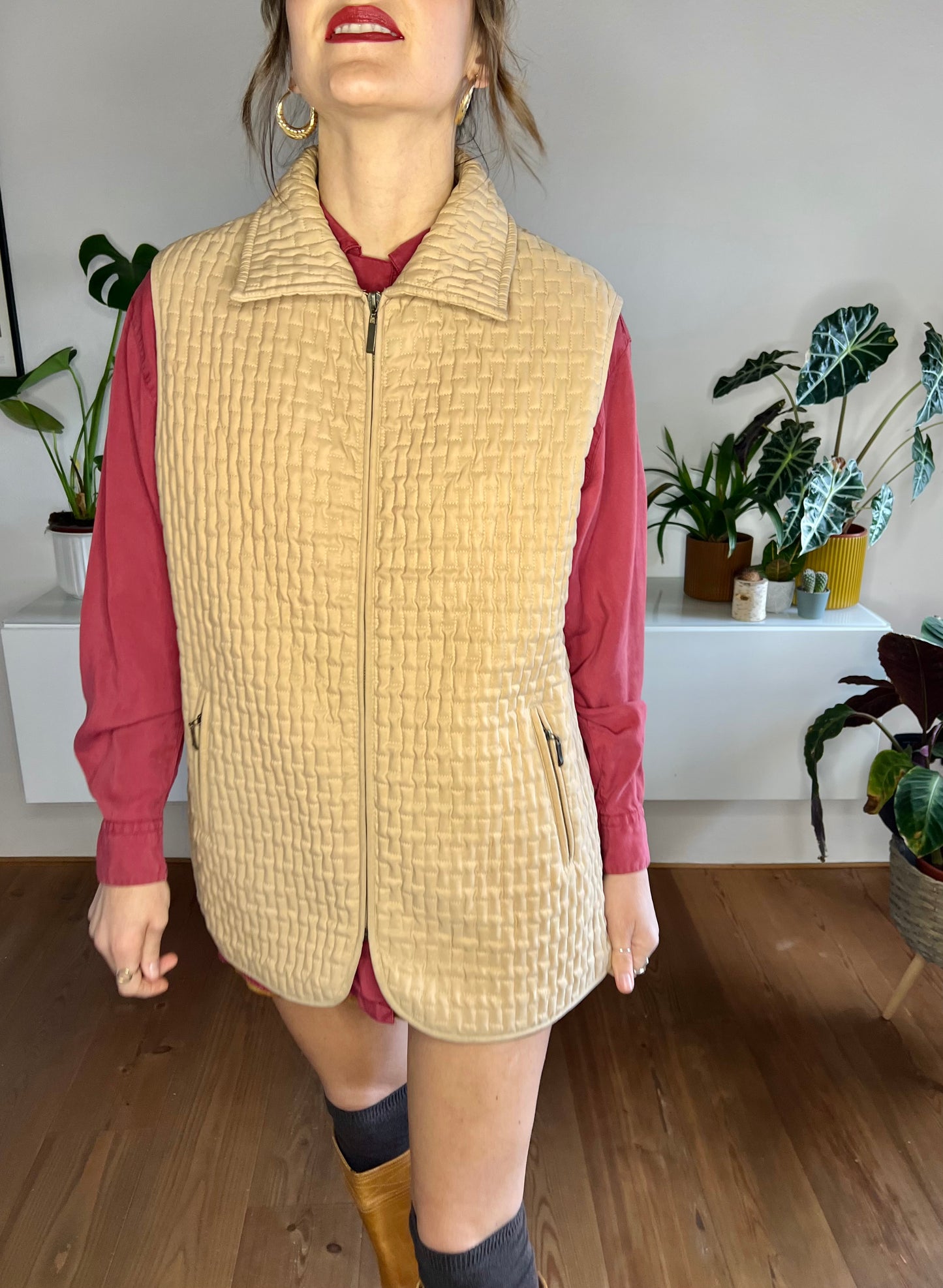 1990's vintage tan quilted vest with satin leopard print lining