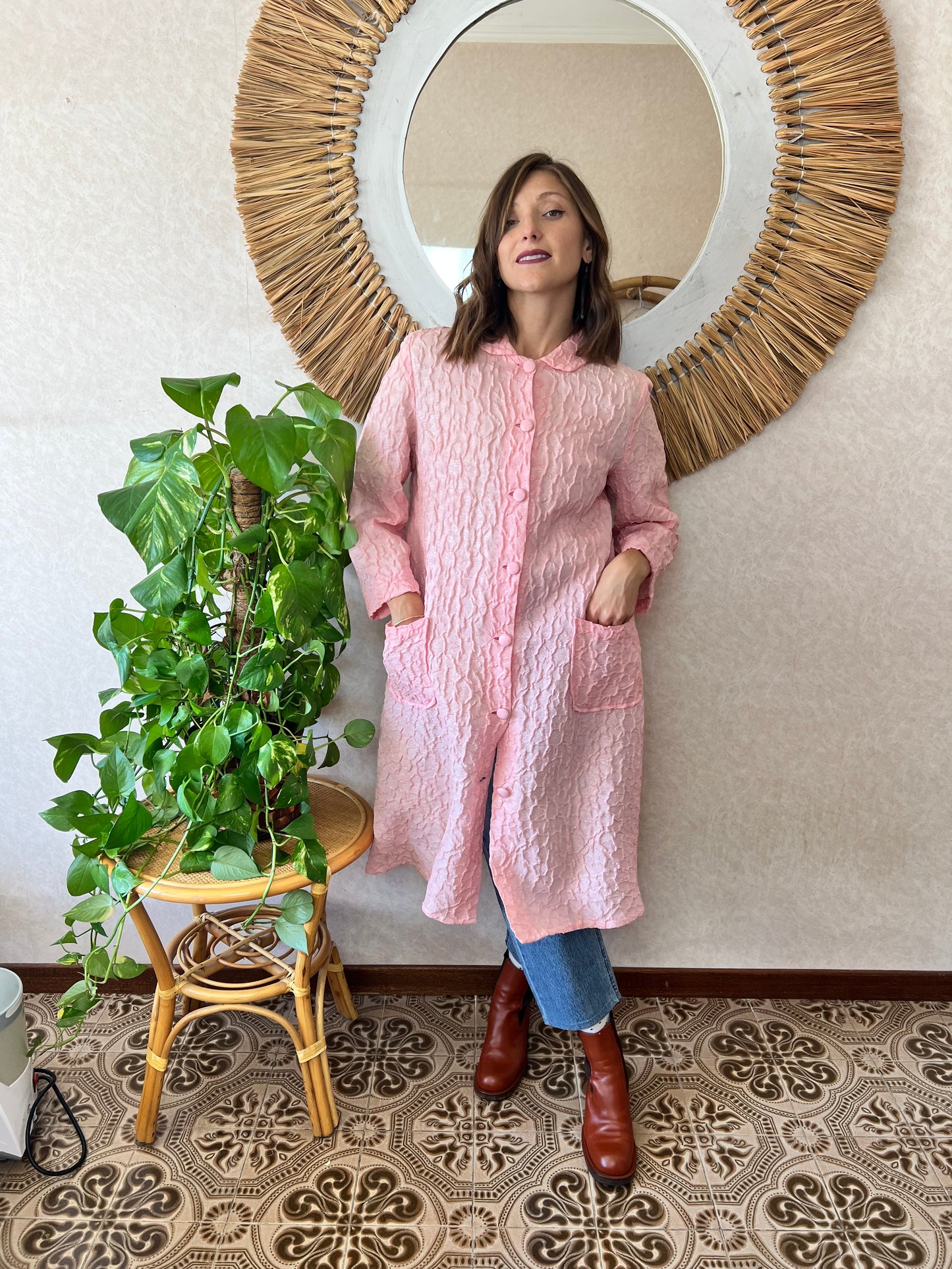 1960's vintage light weight pink textured jacket with silver metallic thread