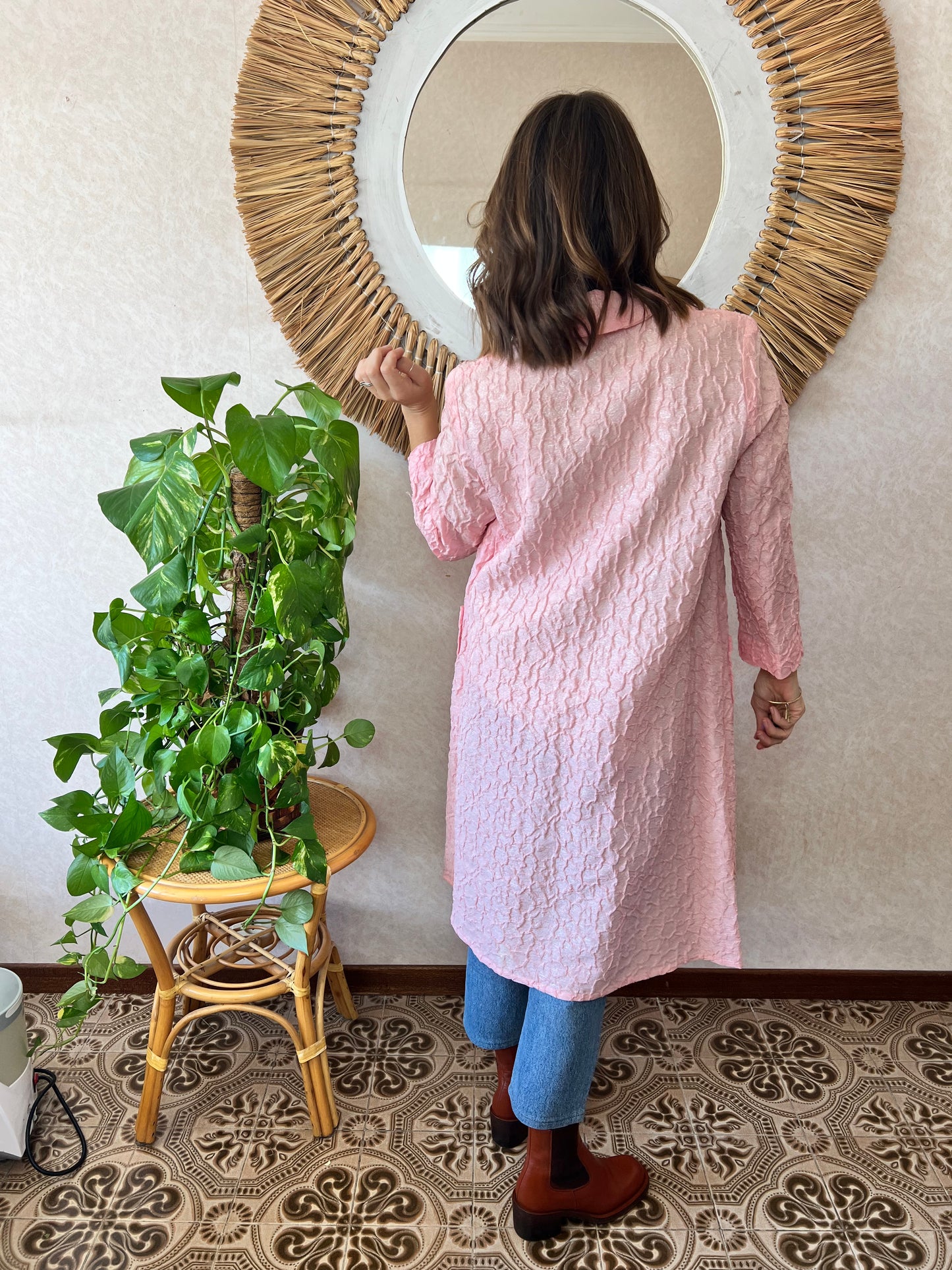 1960's vintage light weight pink textured jacket with silver metallic thread