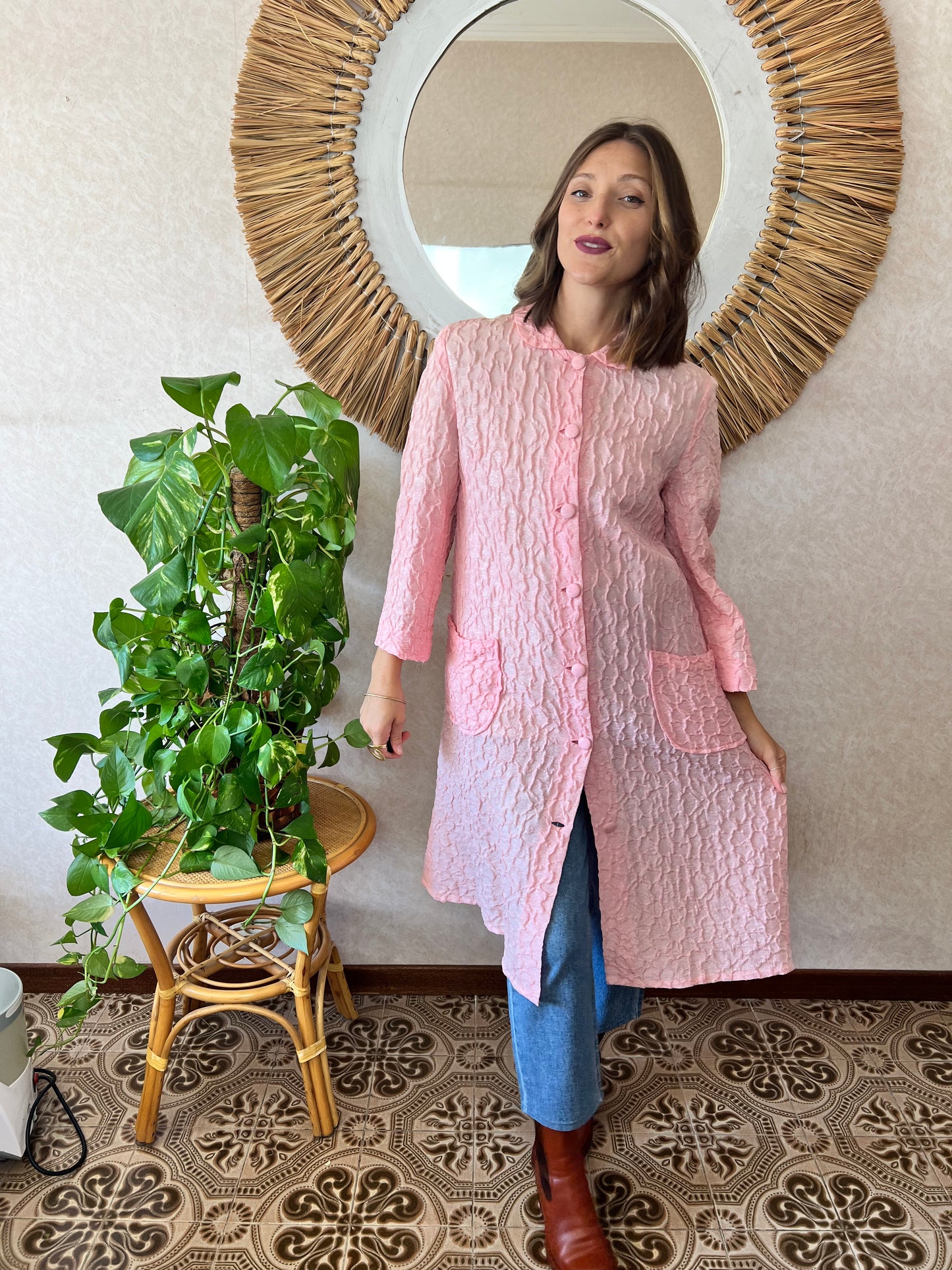 1960's vintage light weight pink textured jacket with silver metallic thread
