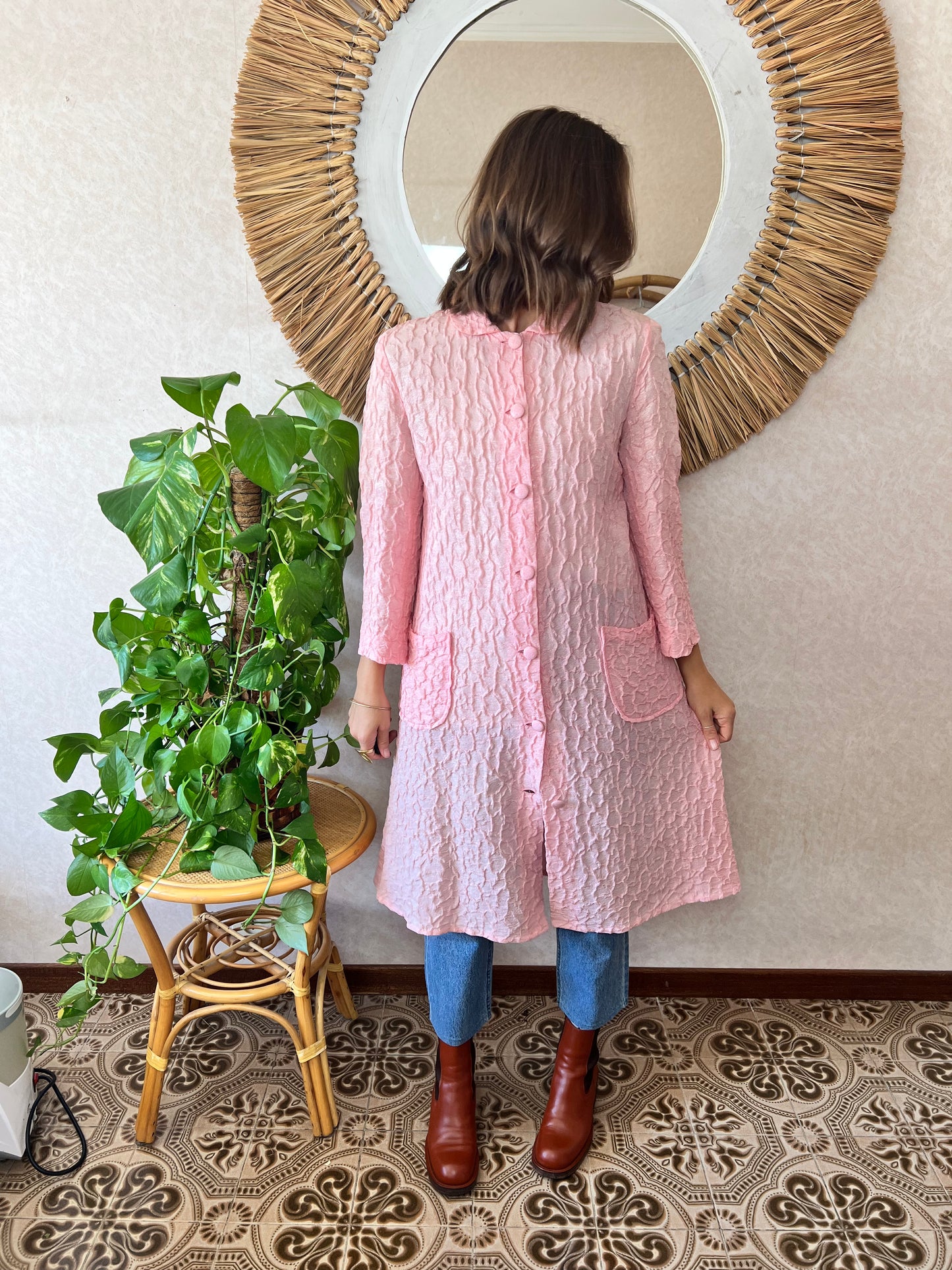 1960's vintage light weight pink textured jacket with silver metallic thread