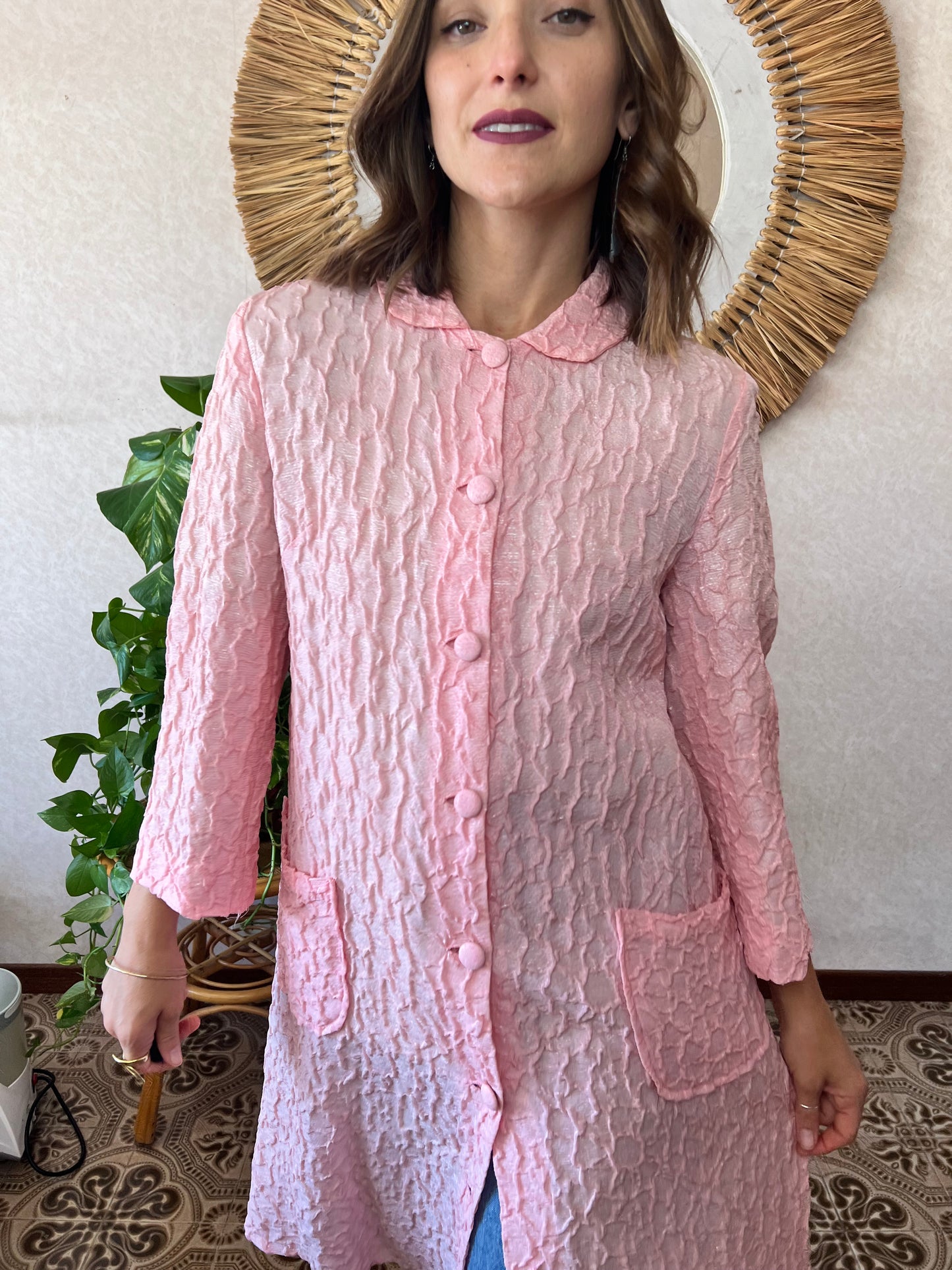1960's vintage light weight pink textured jacket with silver metallic thread