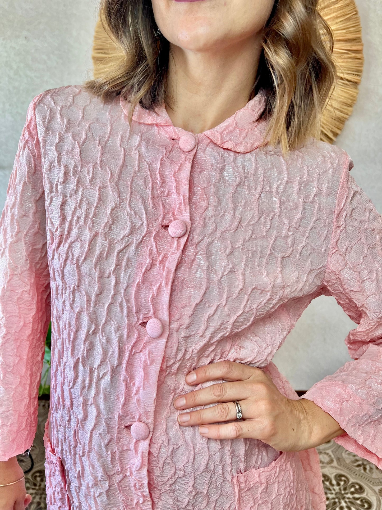 1960's vintage light weight pink textured jacket with silver metallic thread