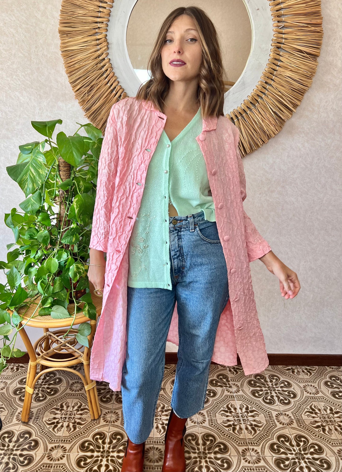 1960's vintage light weight pink textured jacket with silver metallic thread