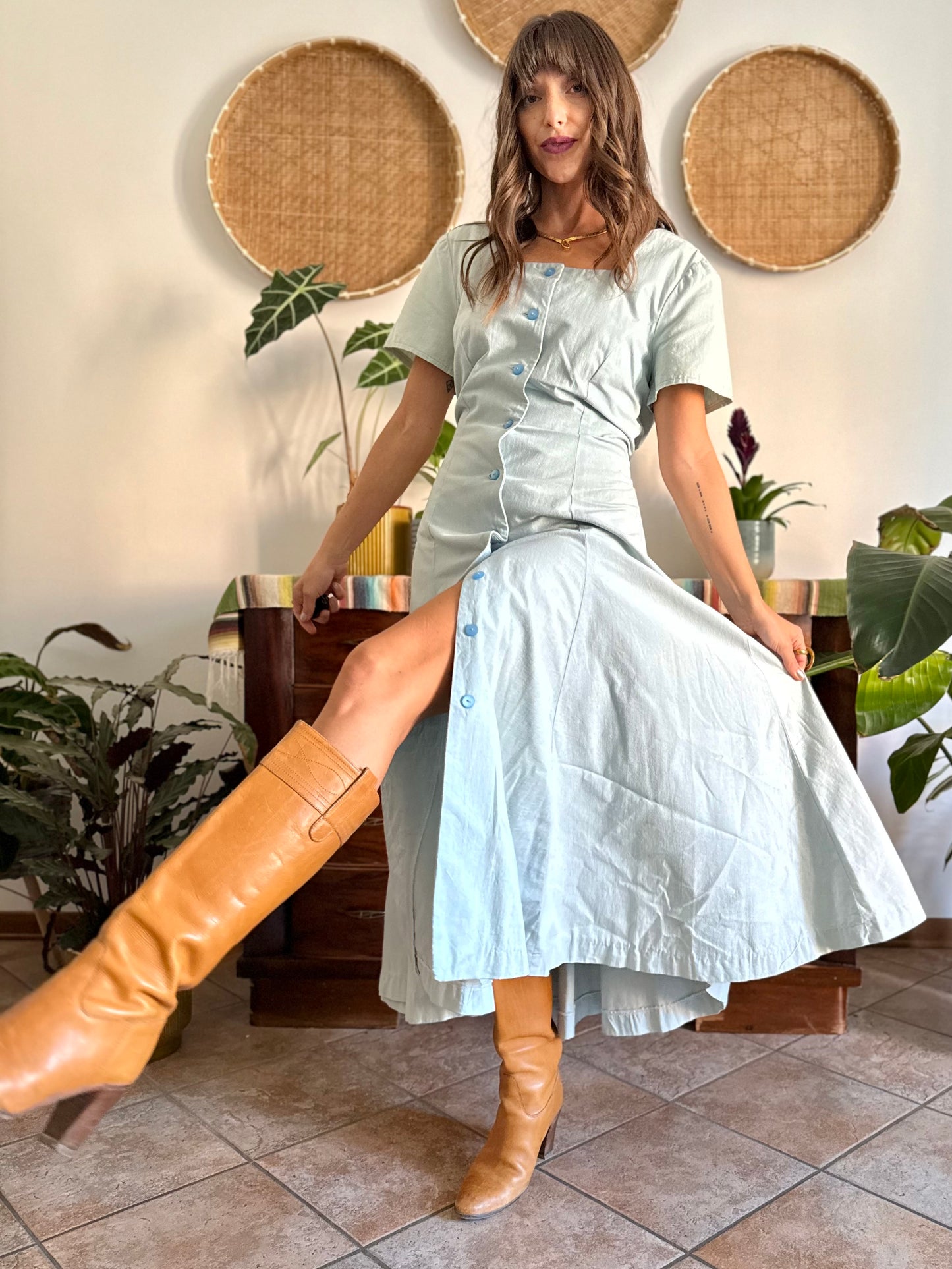 1970's vintage light blue structured button down maxi dress