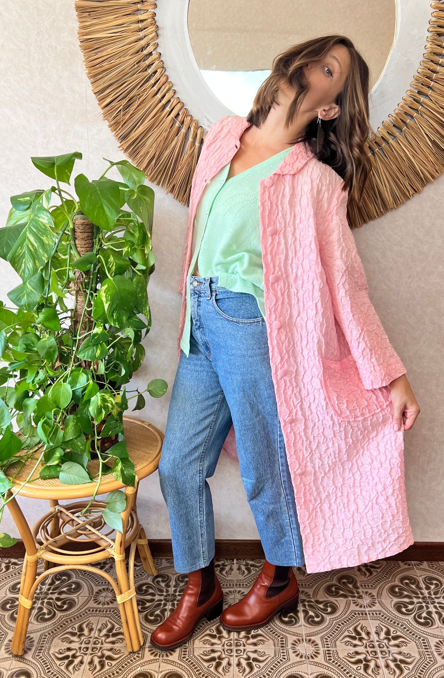 1960's vintage light weight pink textured jacket with silver metallic thread