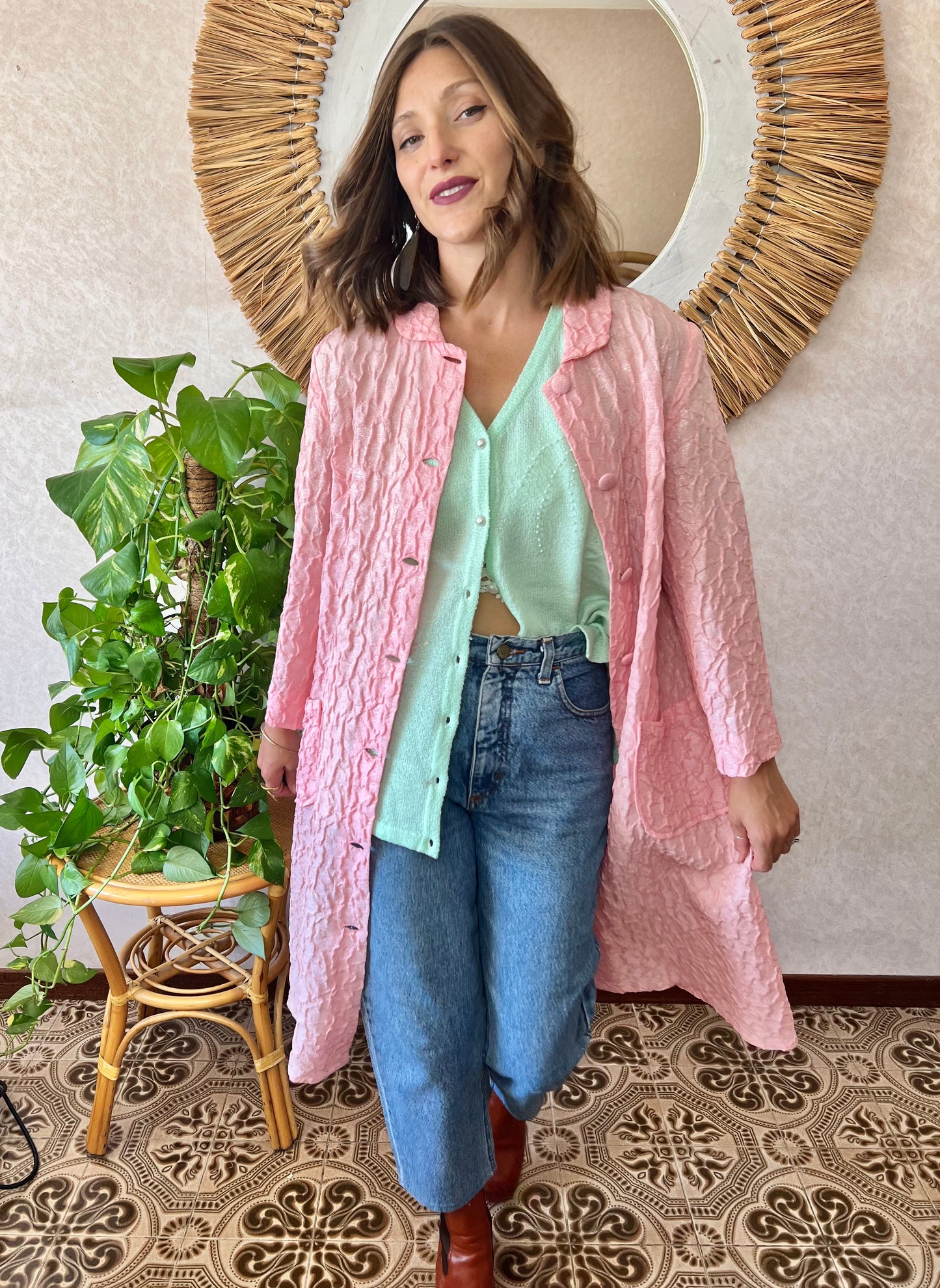 1960's vintage light weight pink textured jacket with silver metallic thread