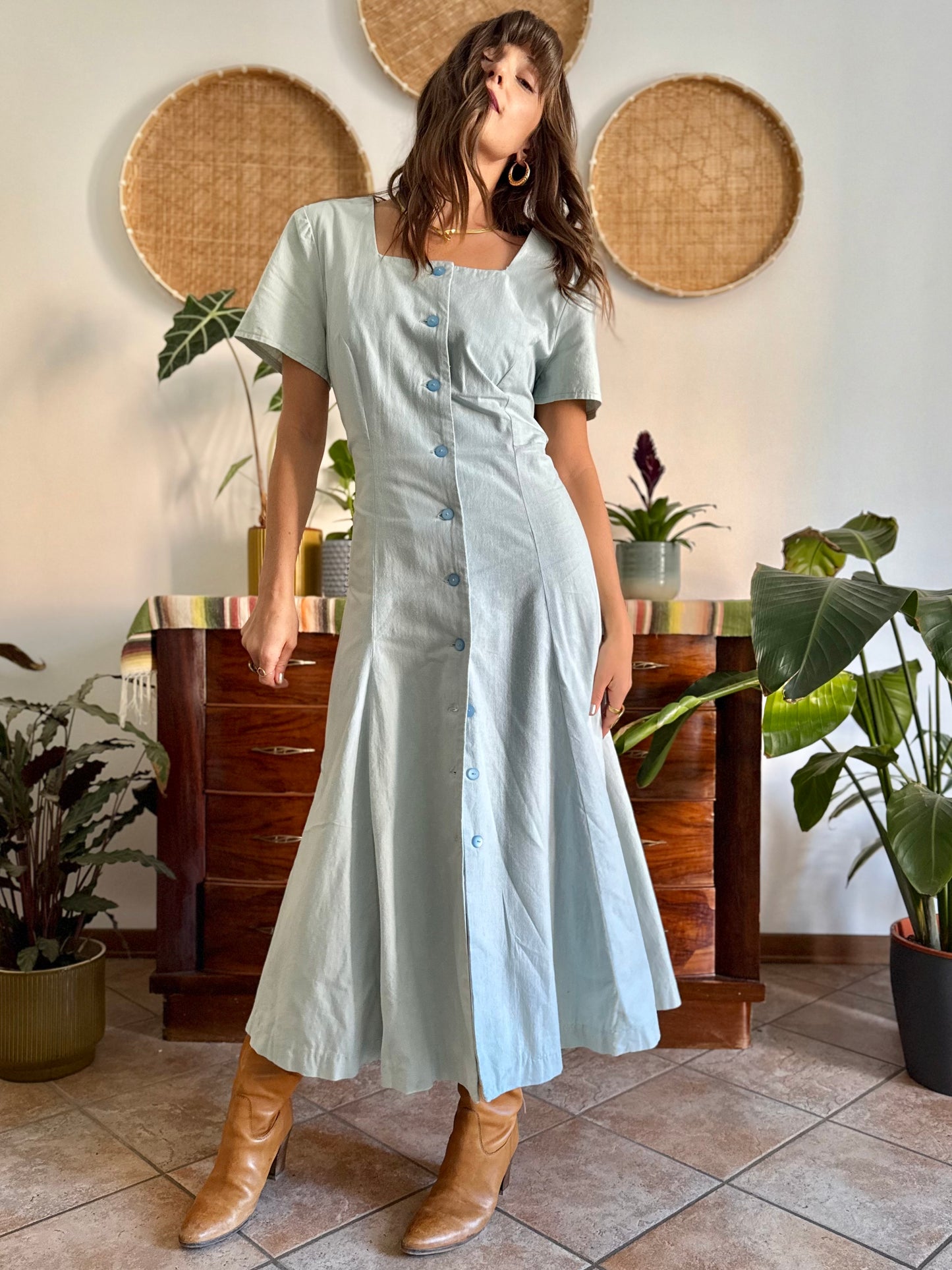 1970's vintage light blue structured button down maxi dress