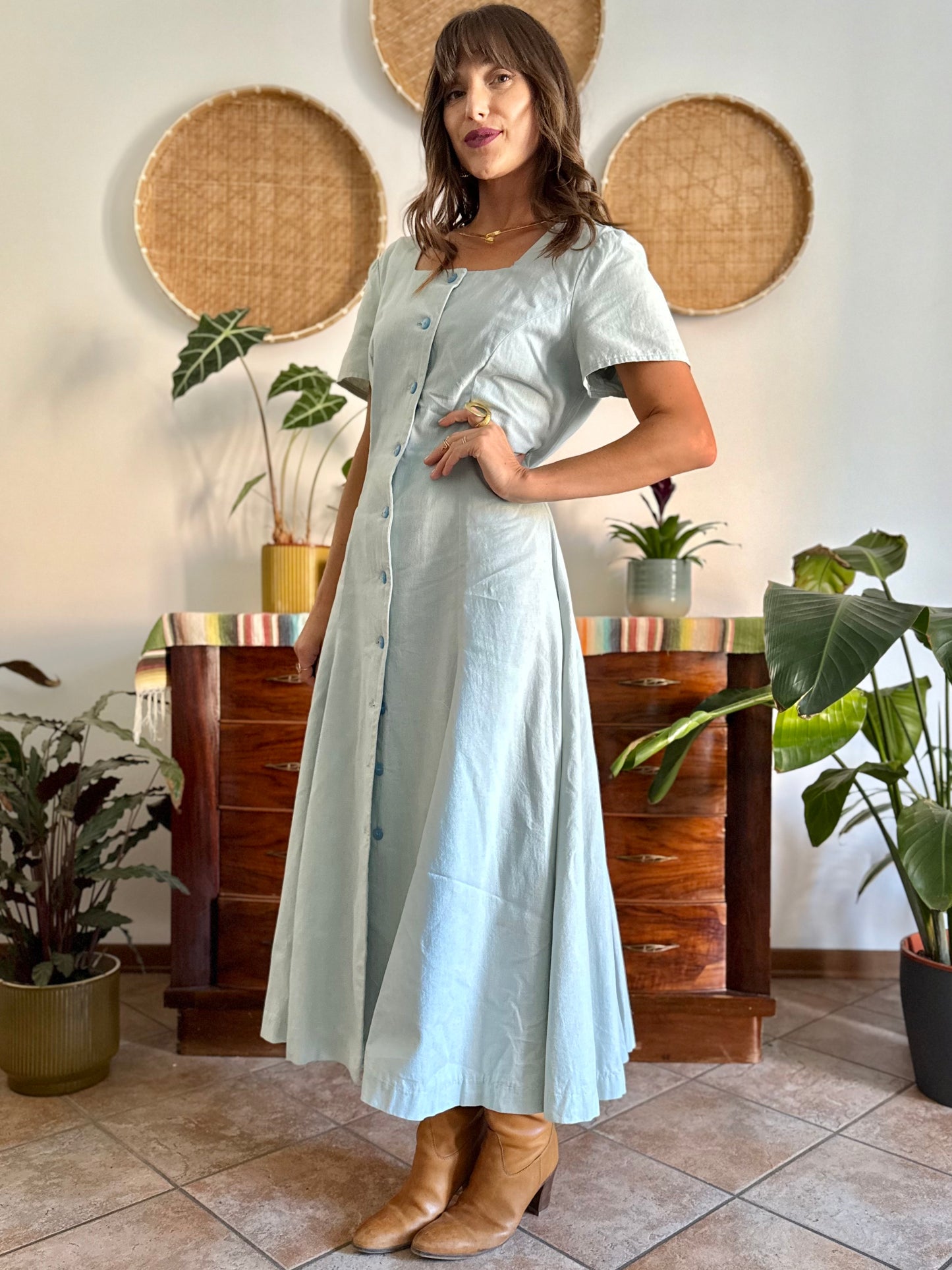 1970's vintage light blue structured button down maxi dress