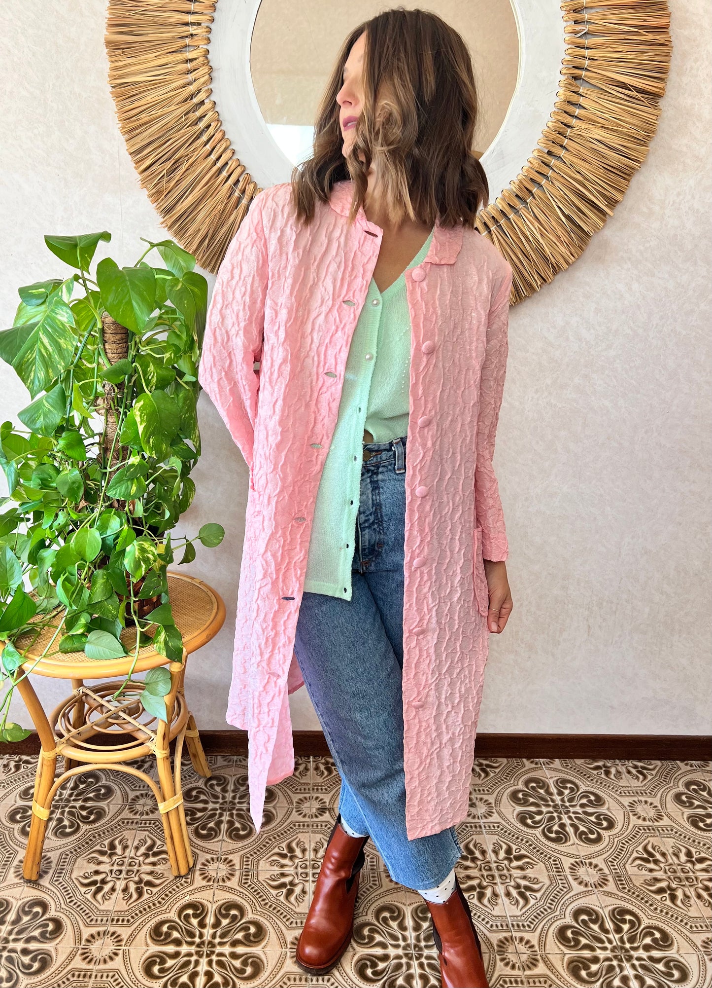 1960's vintage light weight pink textured jacket with silver metallic thread