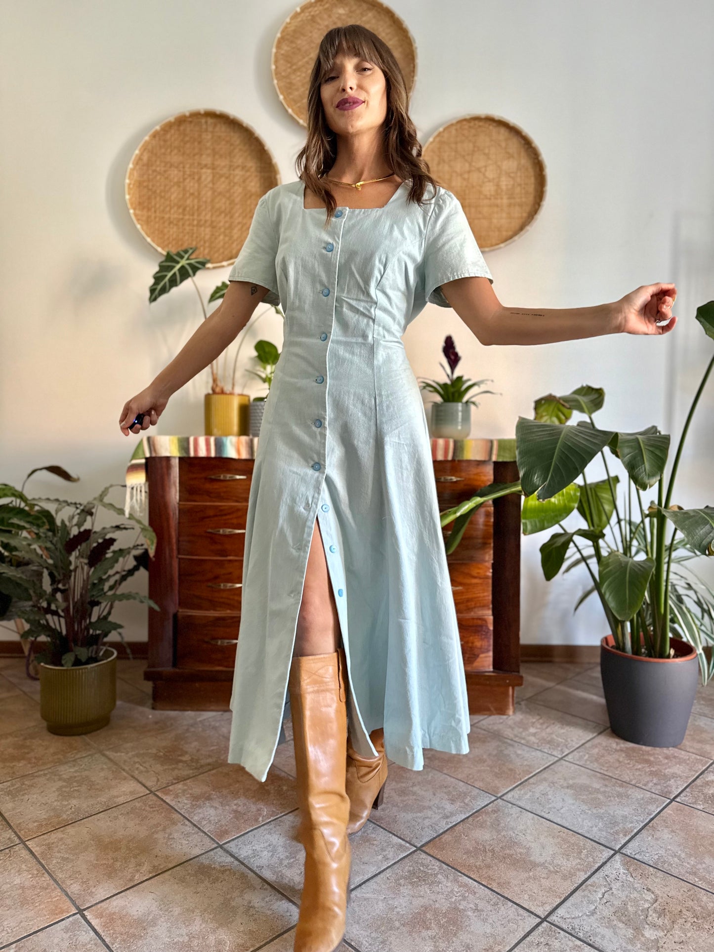 1970's vintage light blue structured button down maxi dress