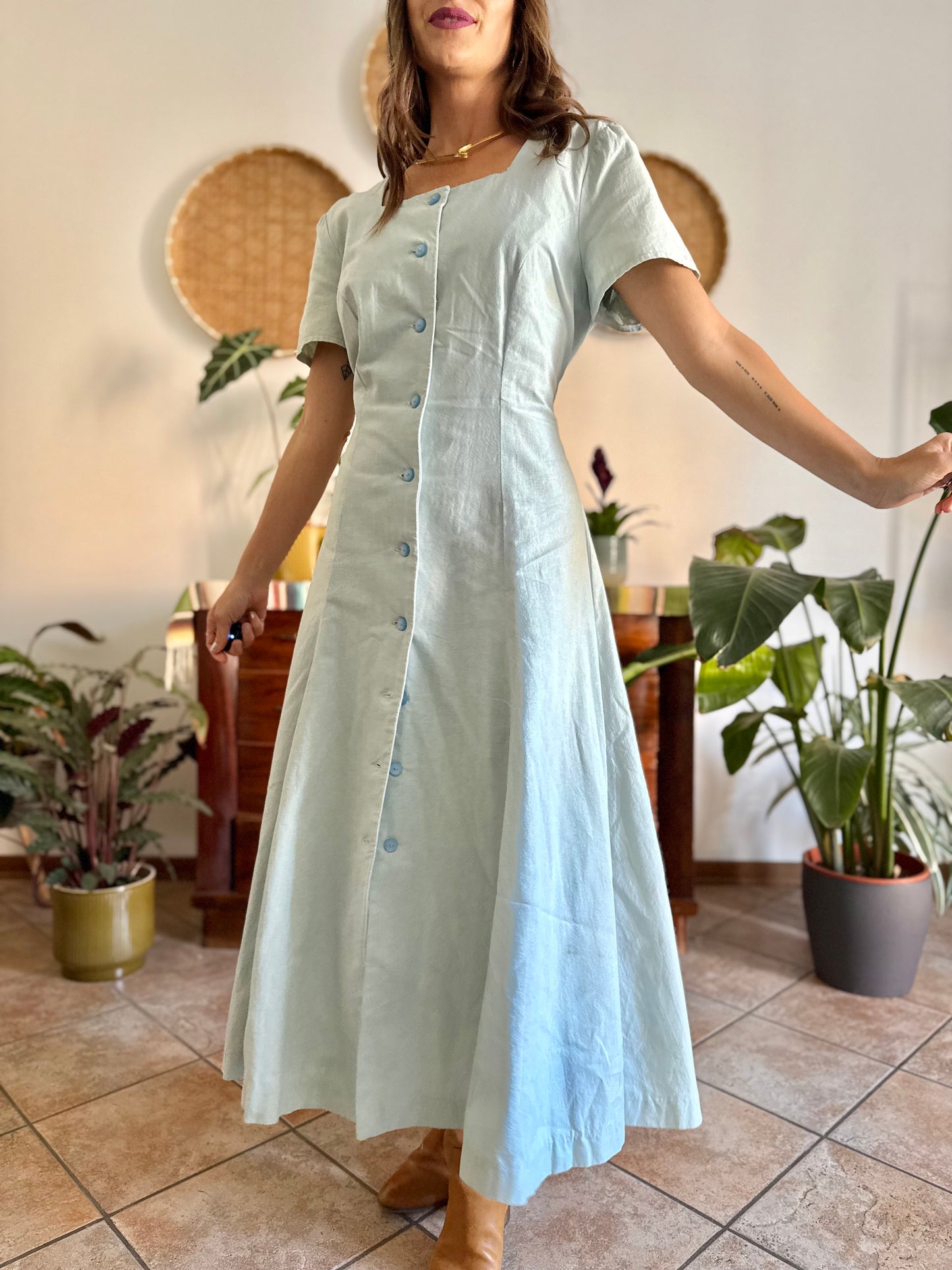 1970's vintage light blue structured button down maxi dress