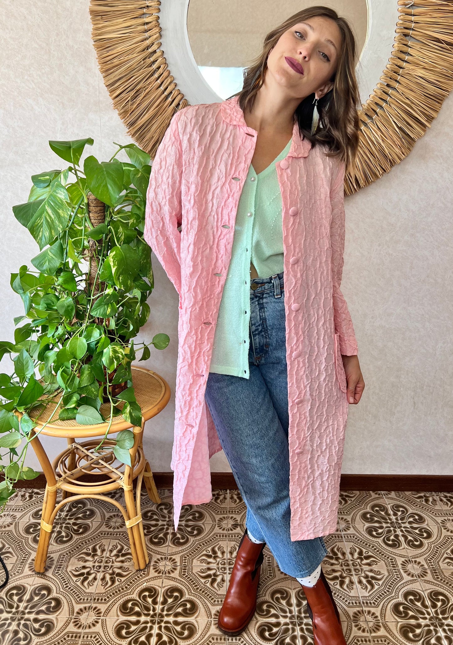1960's vintage light weight pink textured jacket with silver metallic thread