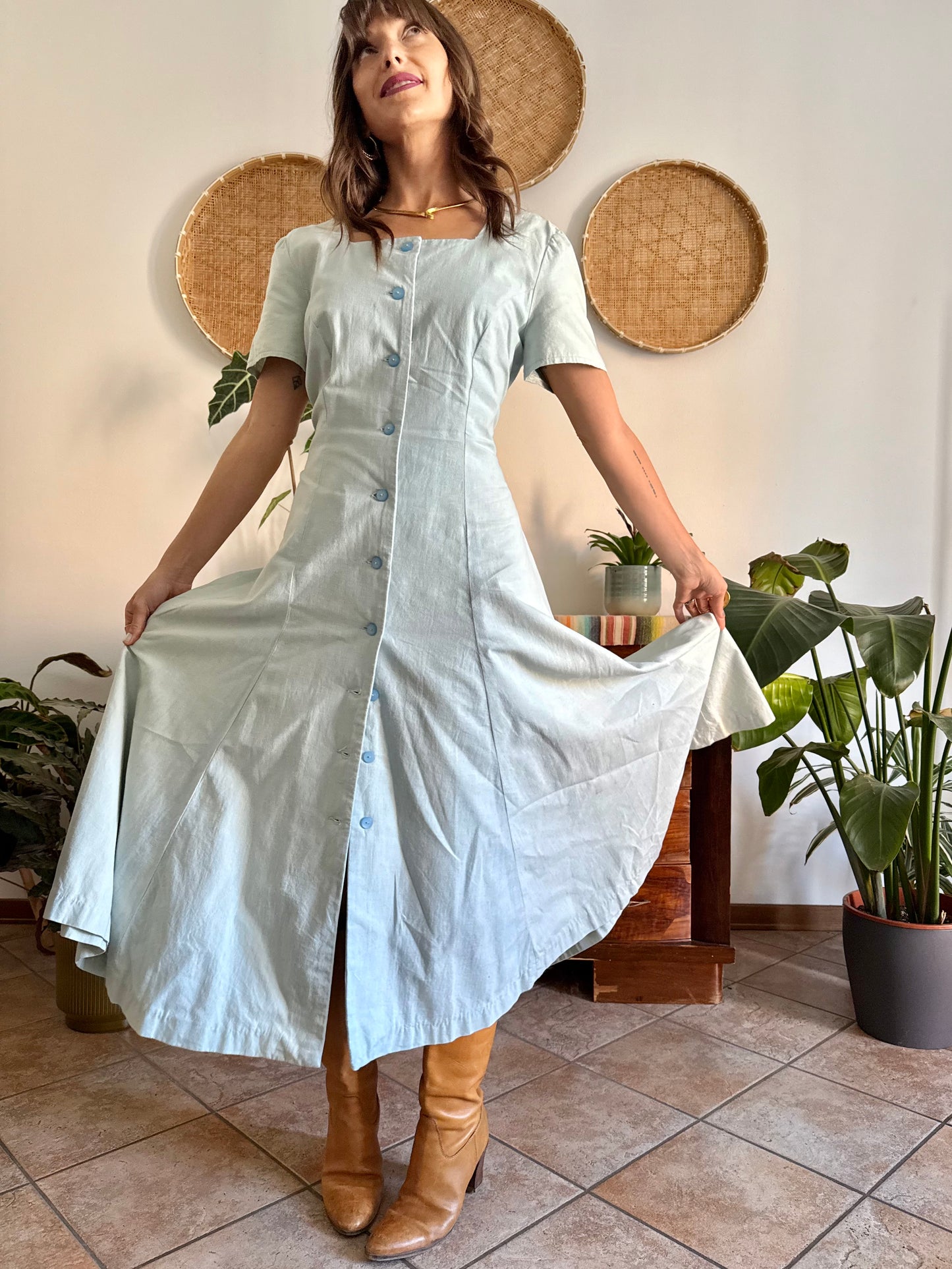 1970's vintage light blue structured button down maxi dress