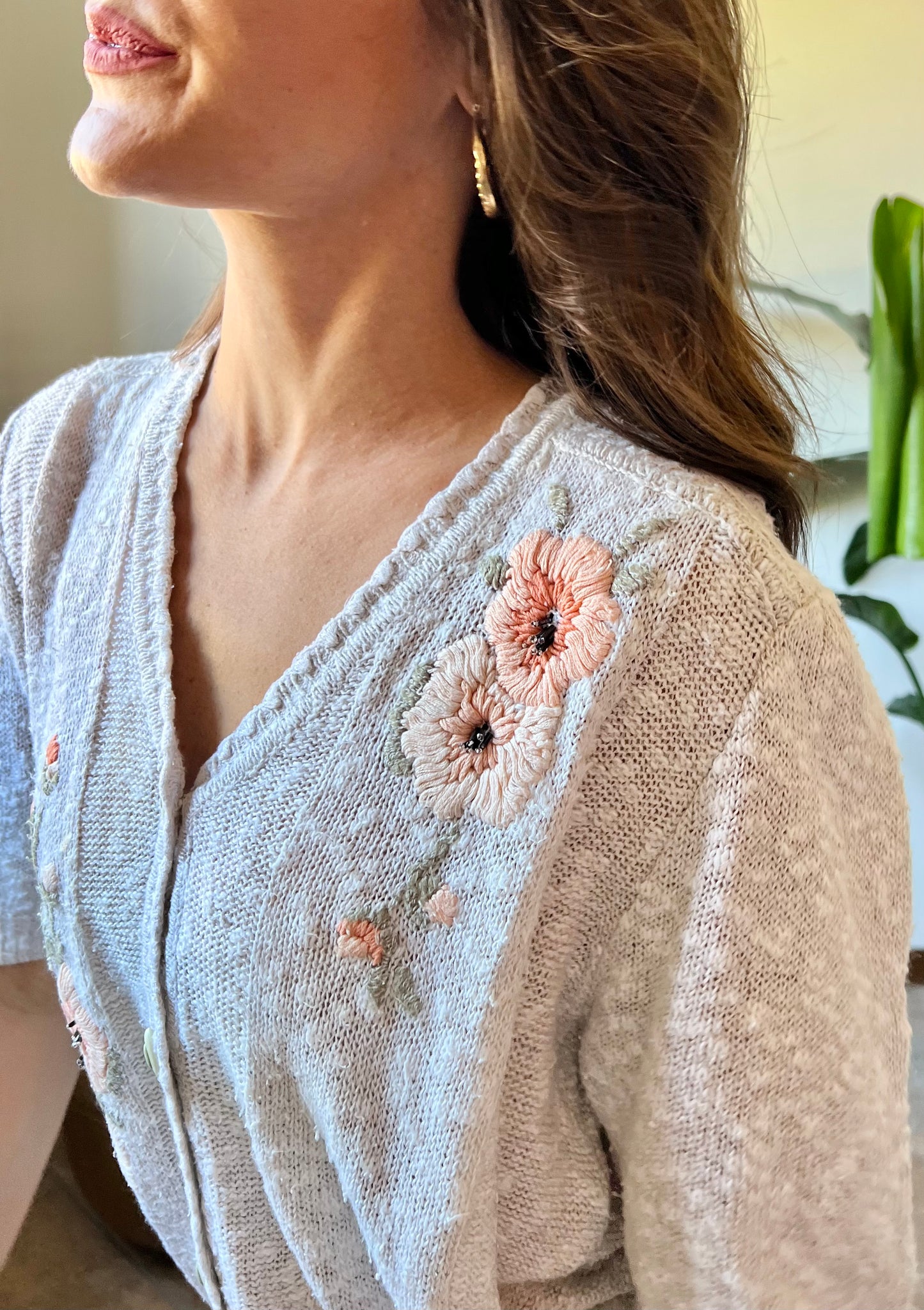 1970's vintage oatmeal knit cardigan top with peach floral embroidery with glass bead details