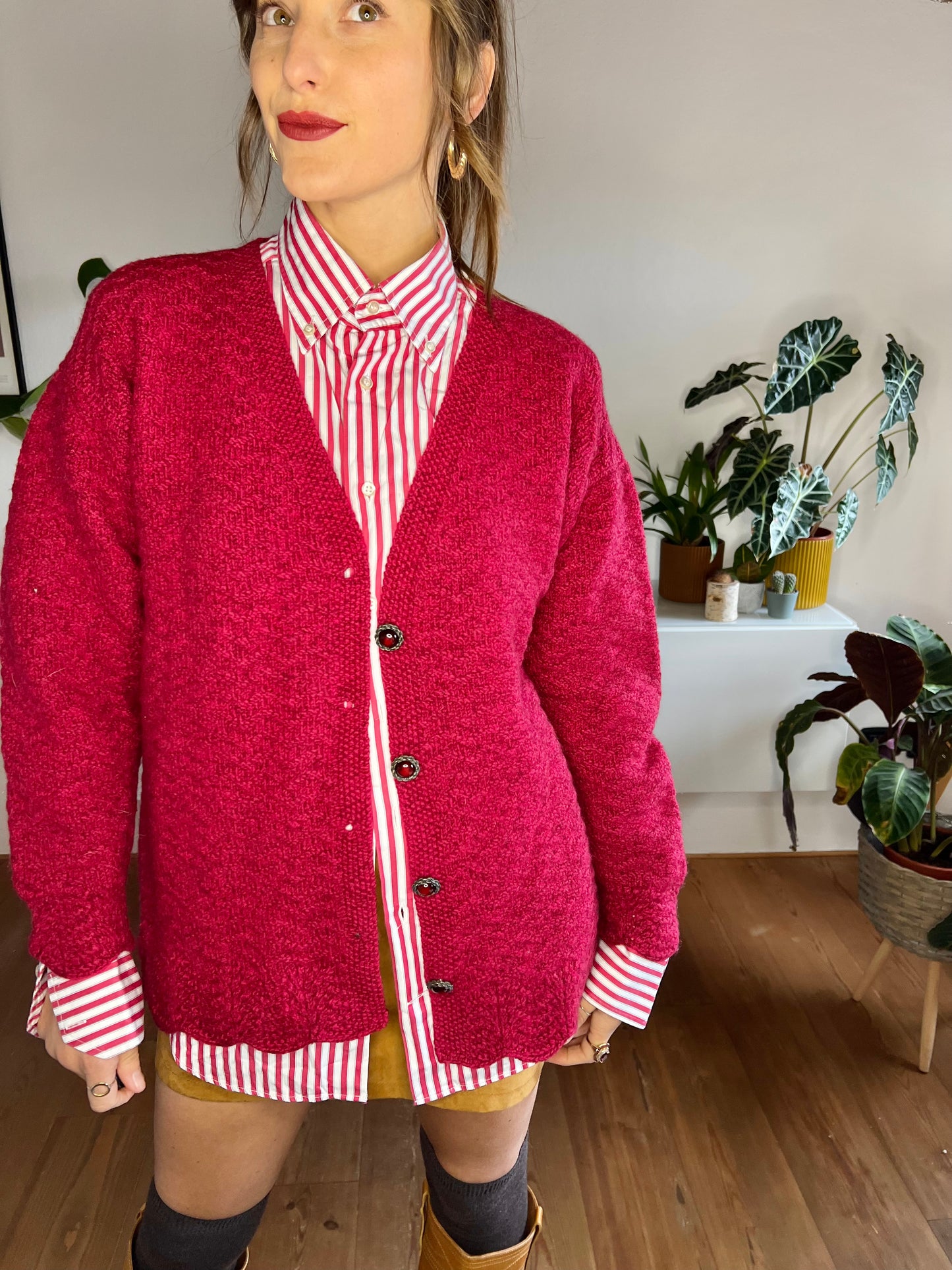 1970's vintage oversize burgundy hand knit wool cardigan