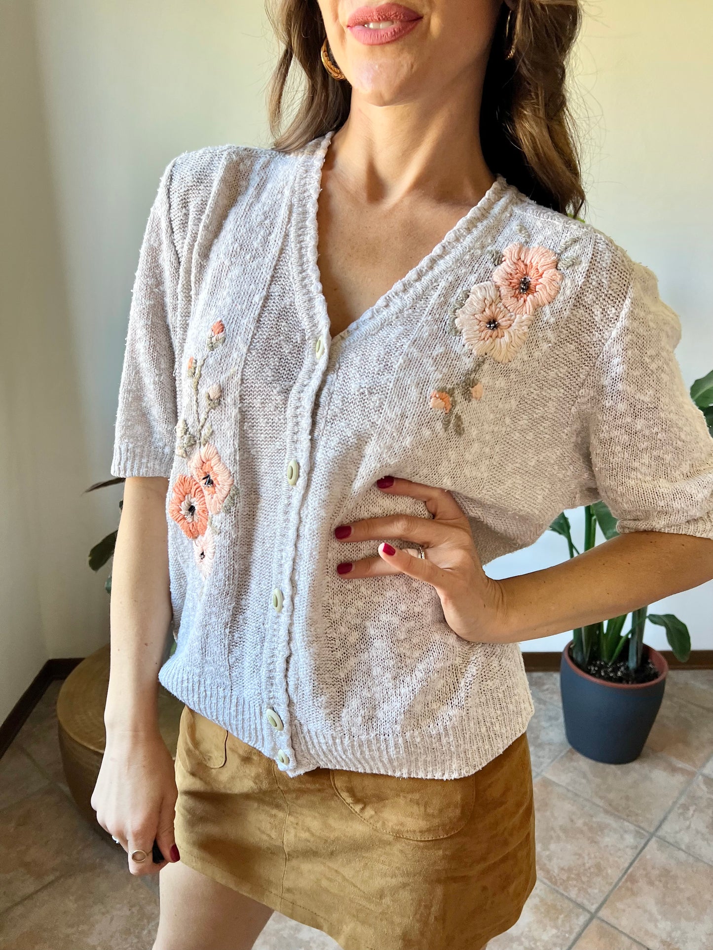 1970's vintage oatmeal knit cardigan top with peach floral embroidery with glass bead details