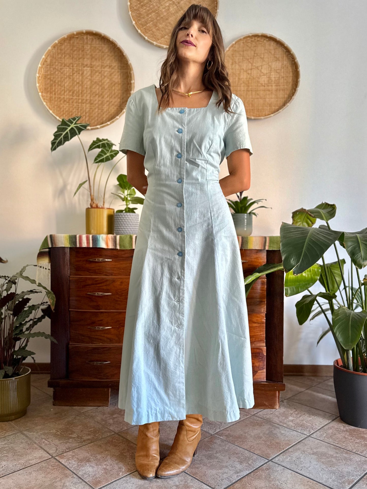 1970's vintage light blue structured button down maxi dress