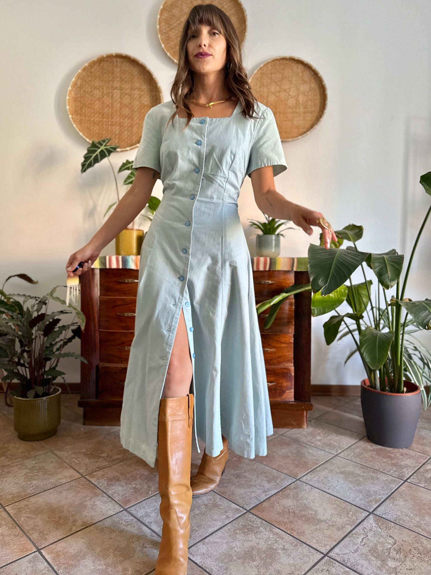 1970's vintage light blue structured button down maxi dress