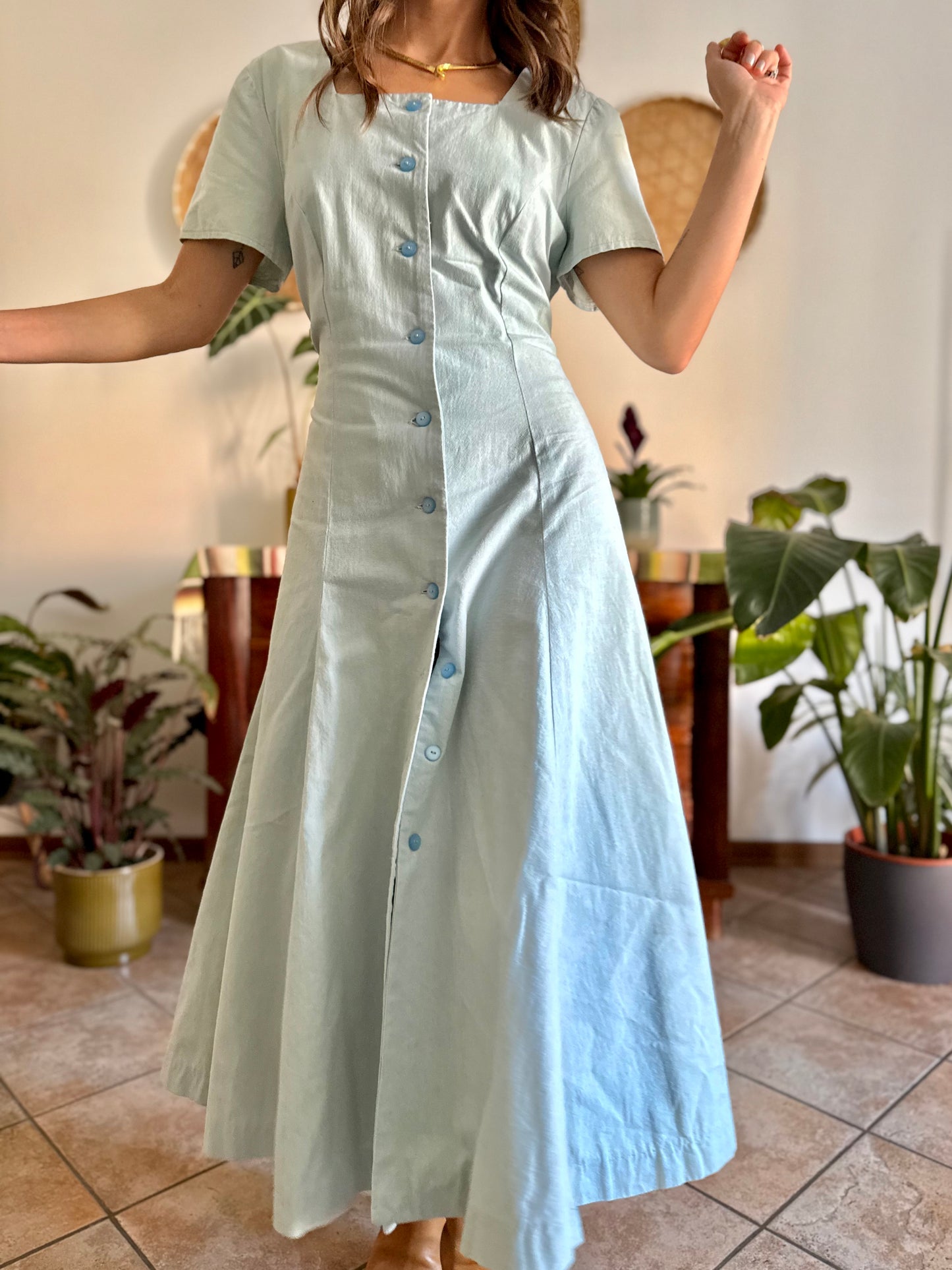 1970's vintage light blue structured button down maxi dress
