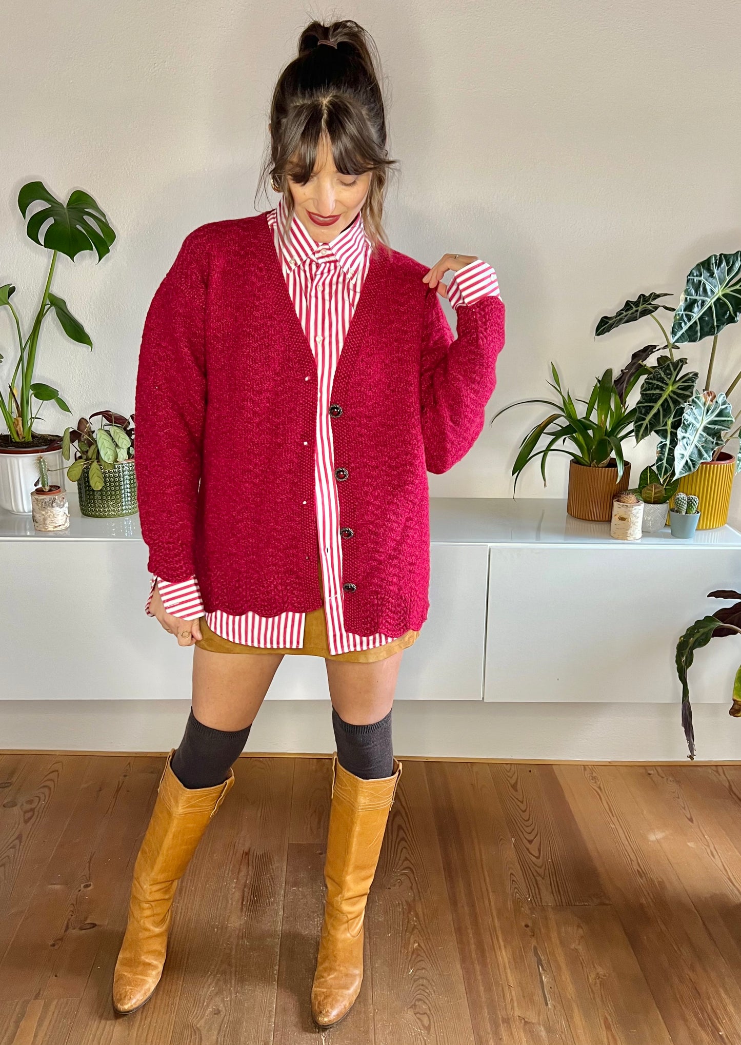 1970's vintage oversize burgundy hand knit wool cardigan