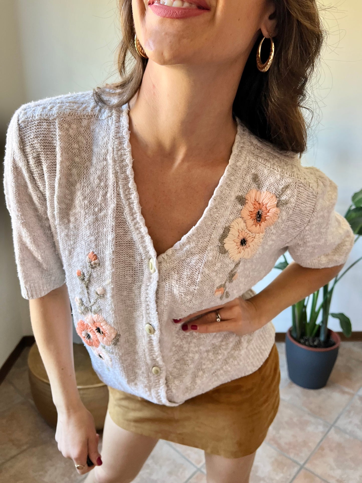 1970's vintage oatmeal knit cardigan top with peach floral embroidery with glass bead details