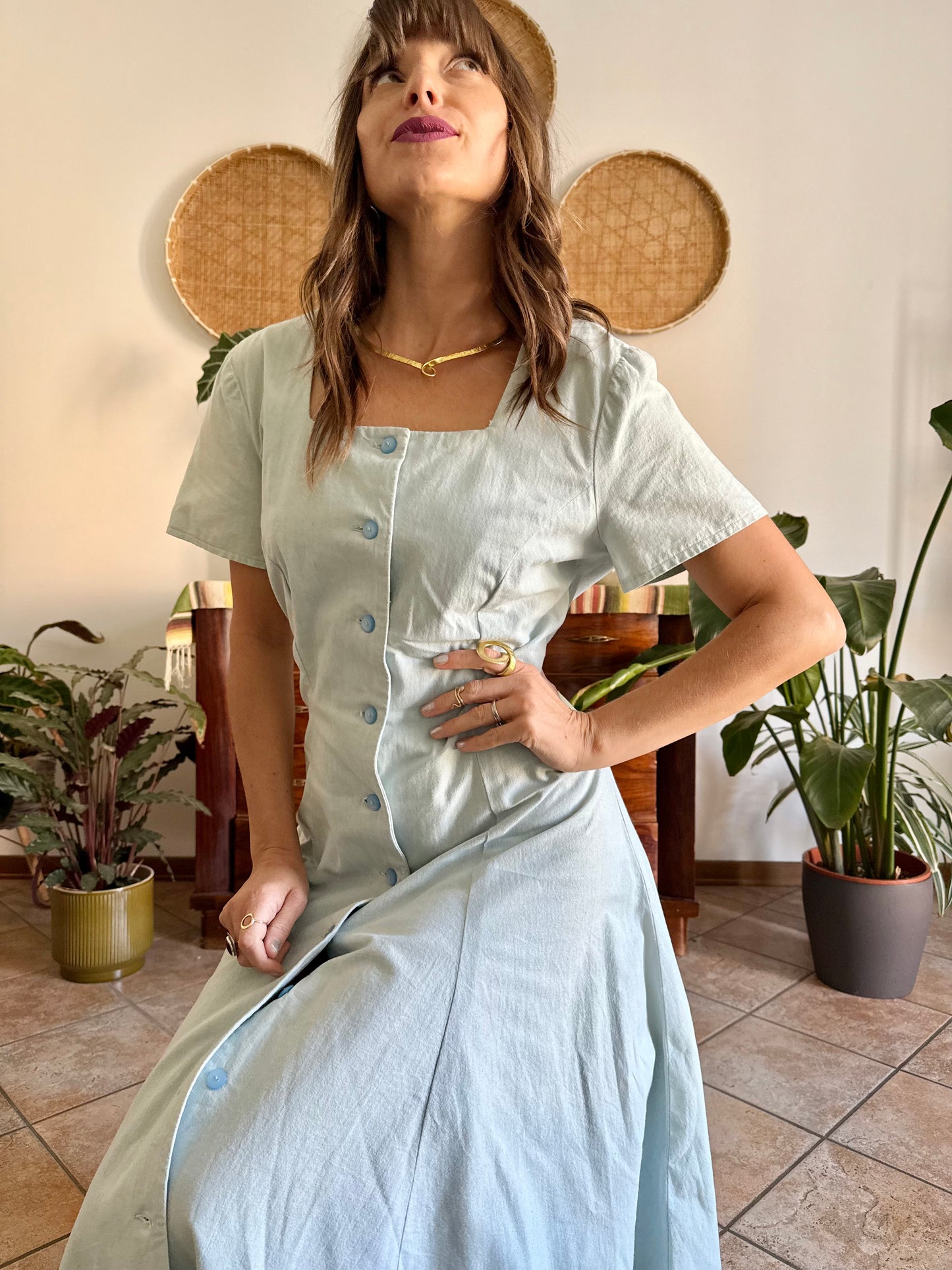 1970's vintage light blue structured button down maxi dress