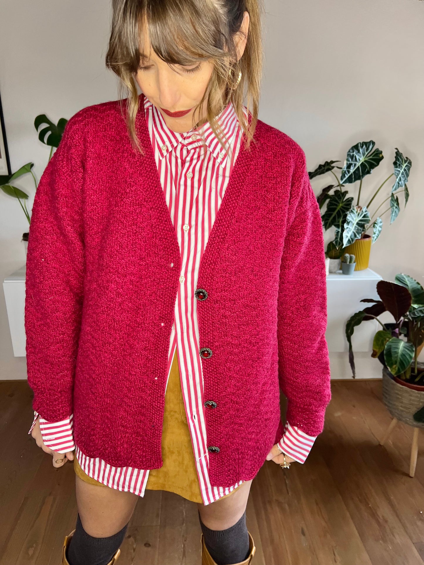 1970's vintage oversize burgundy hand knit wool cardigan