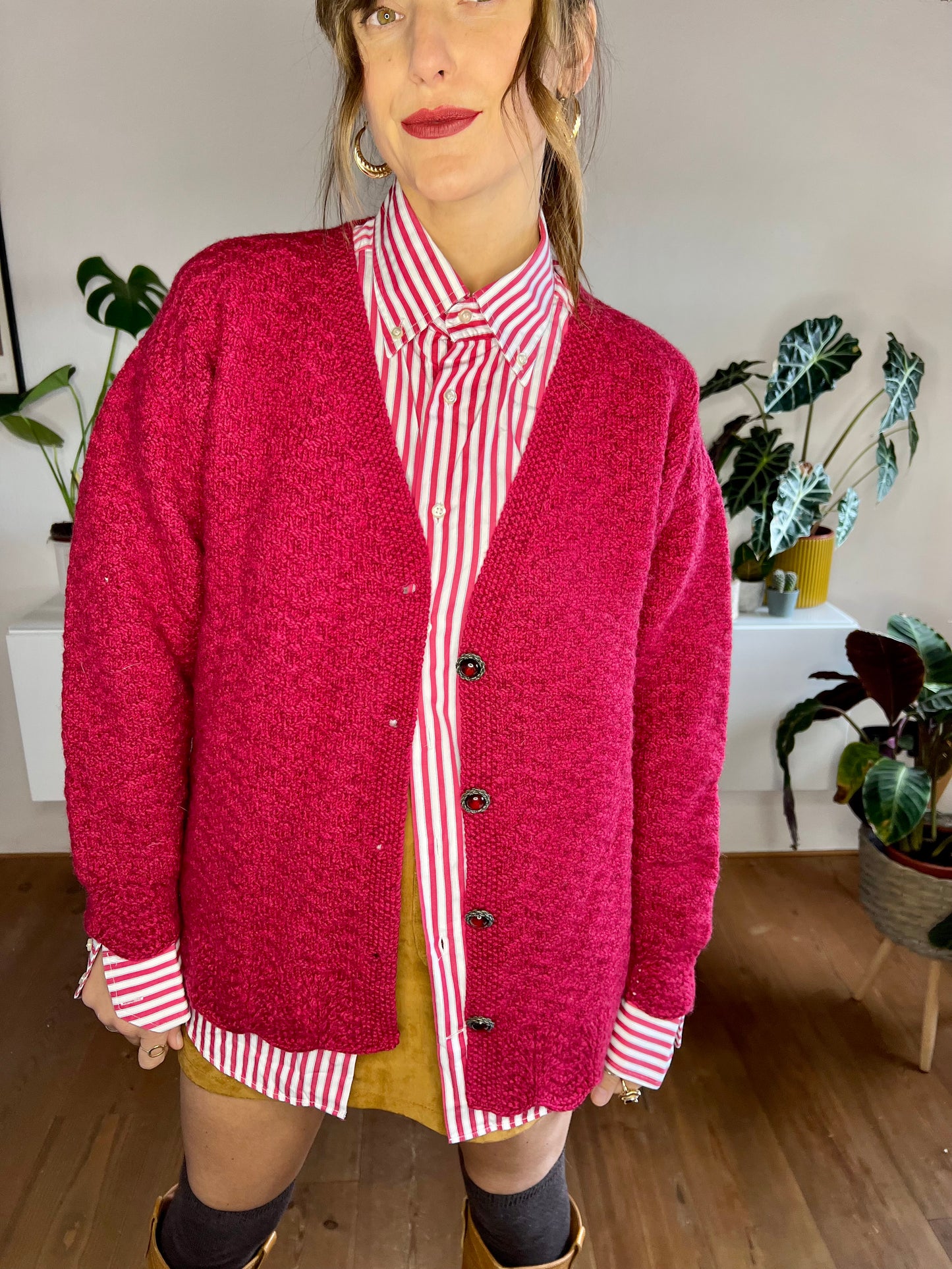 1970's vintage oversize burgundy hand knit wool cardigan