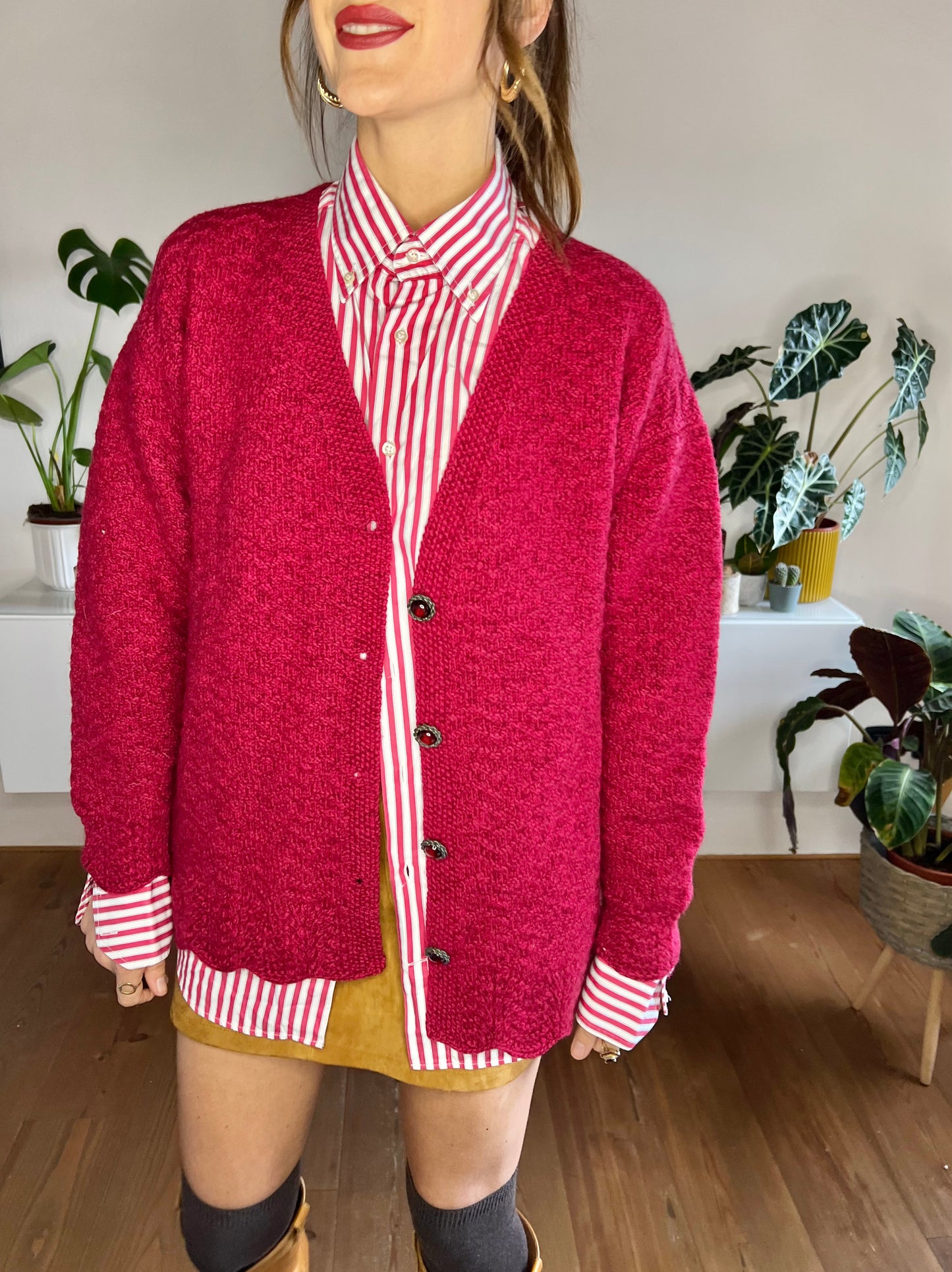 1970's vintage oversize burgundy hand knit wool cardigan
