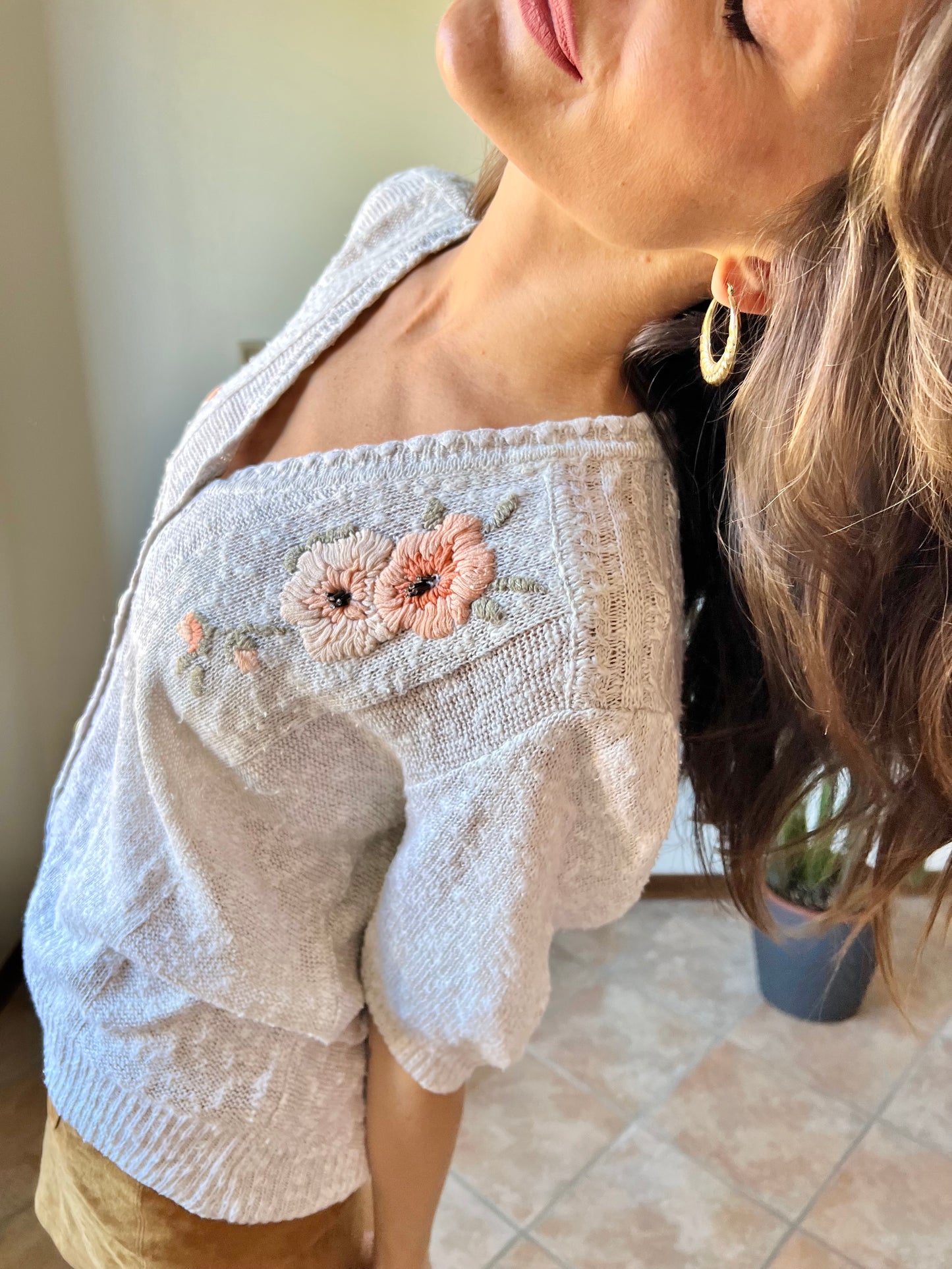 1970's vintage oatmeal knit cardigan top with peach floral embroidery with glass bead details